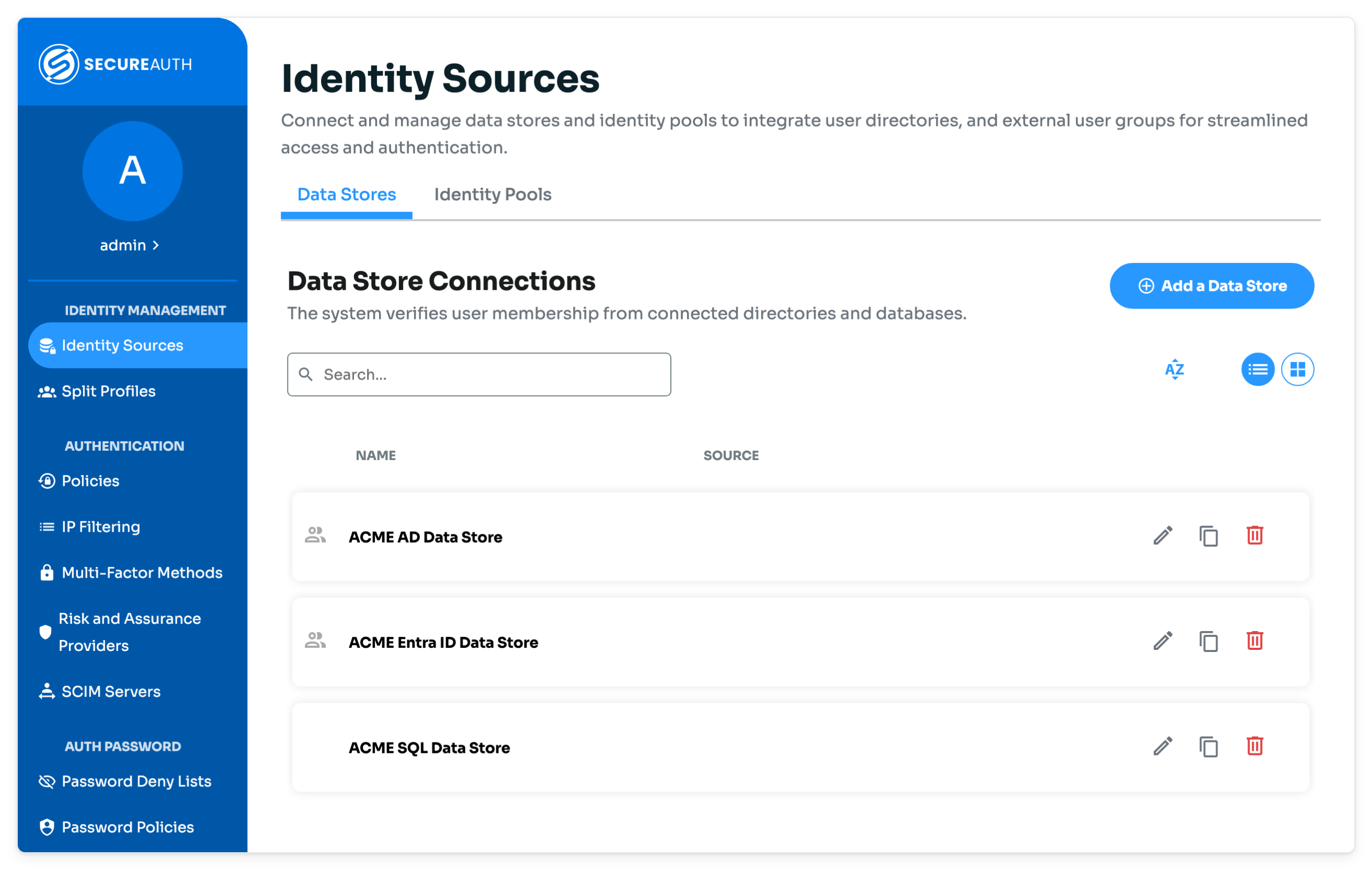 Identity Sources page, Data Stores tab, listing data stores with edit, copy, and delete icons on each row.