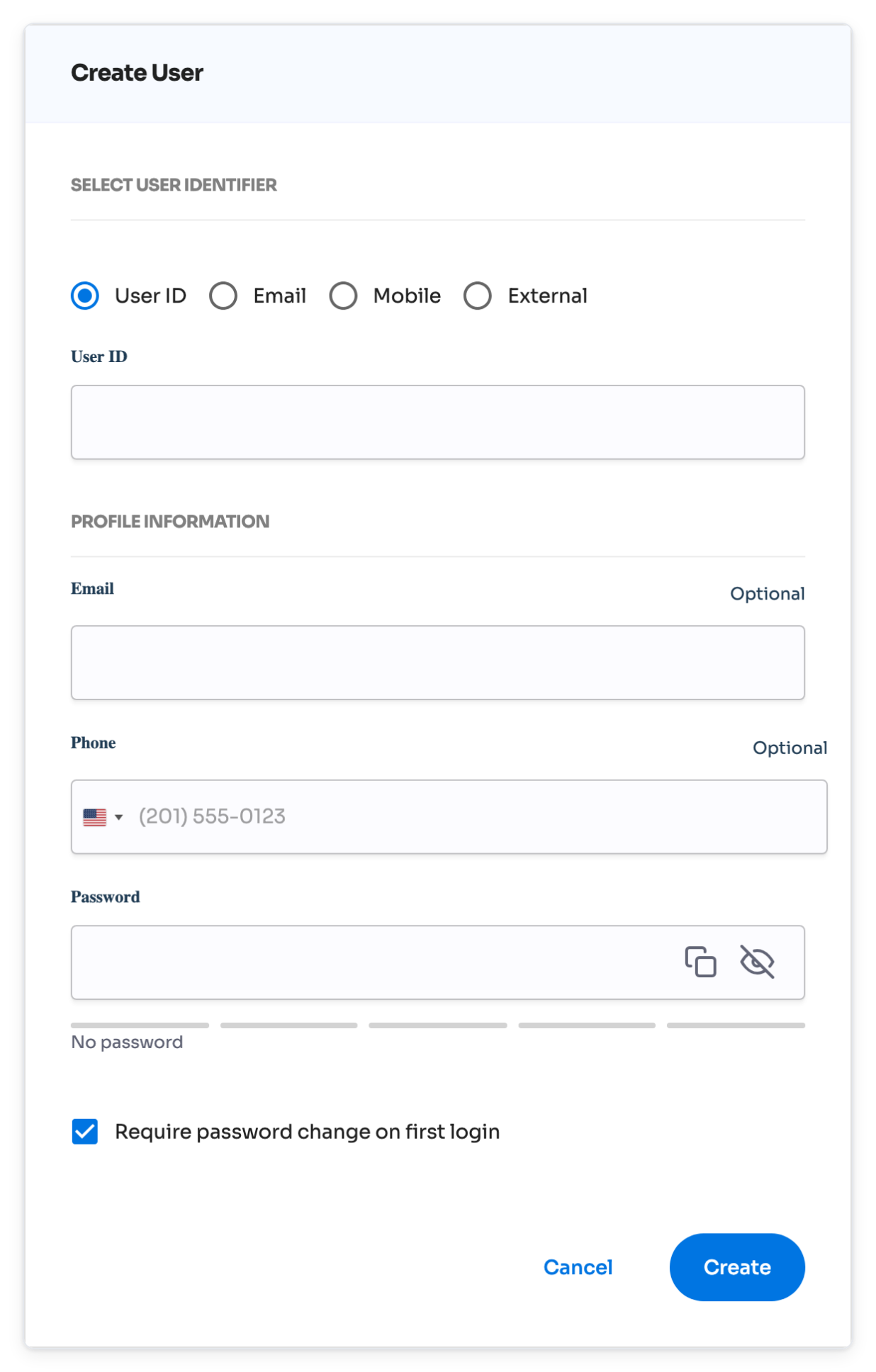 Create User dialog with user identifier options, profile fields, a password field, and a Create button.