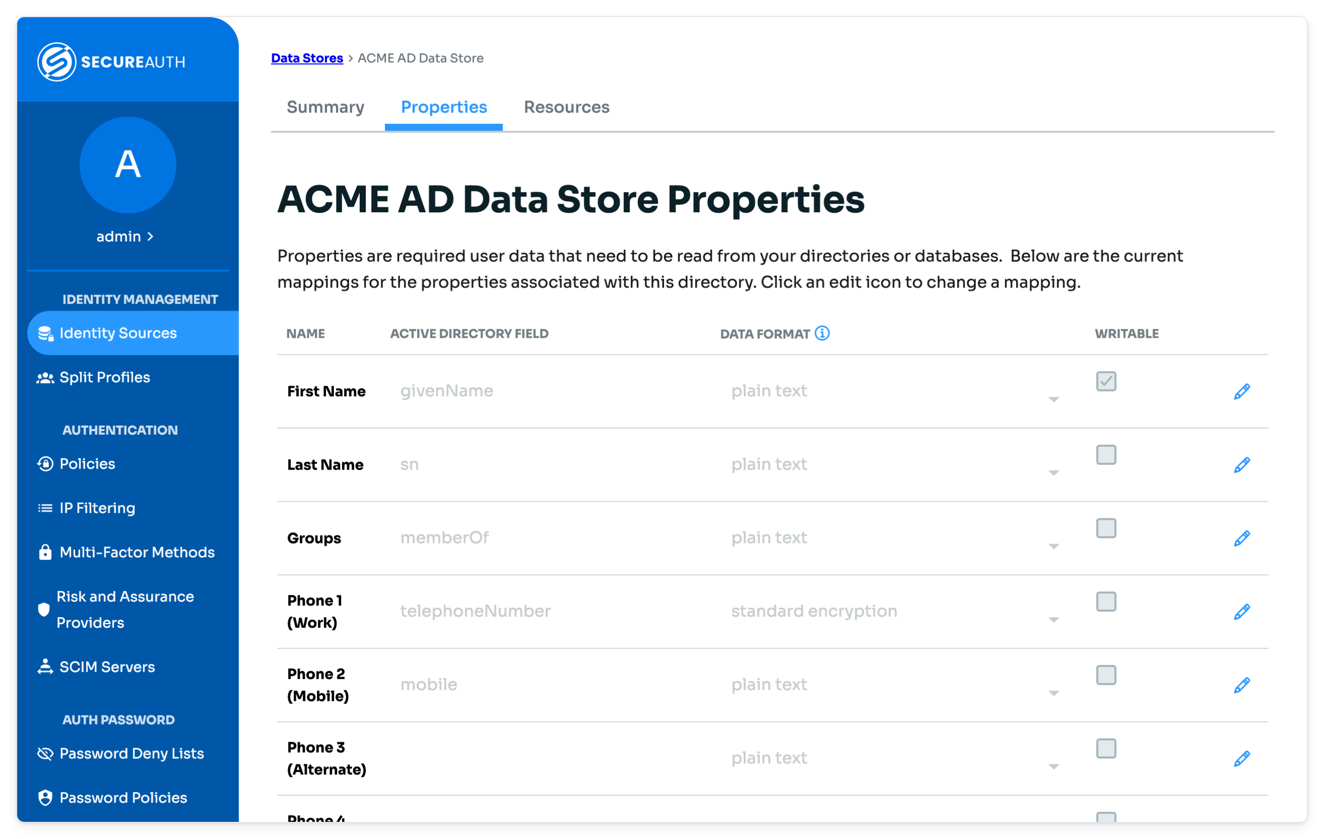 Data store page open on the Properties tab, showing mapped profile properties and their data store fields.