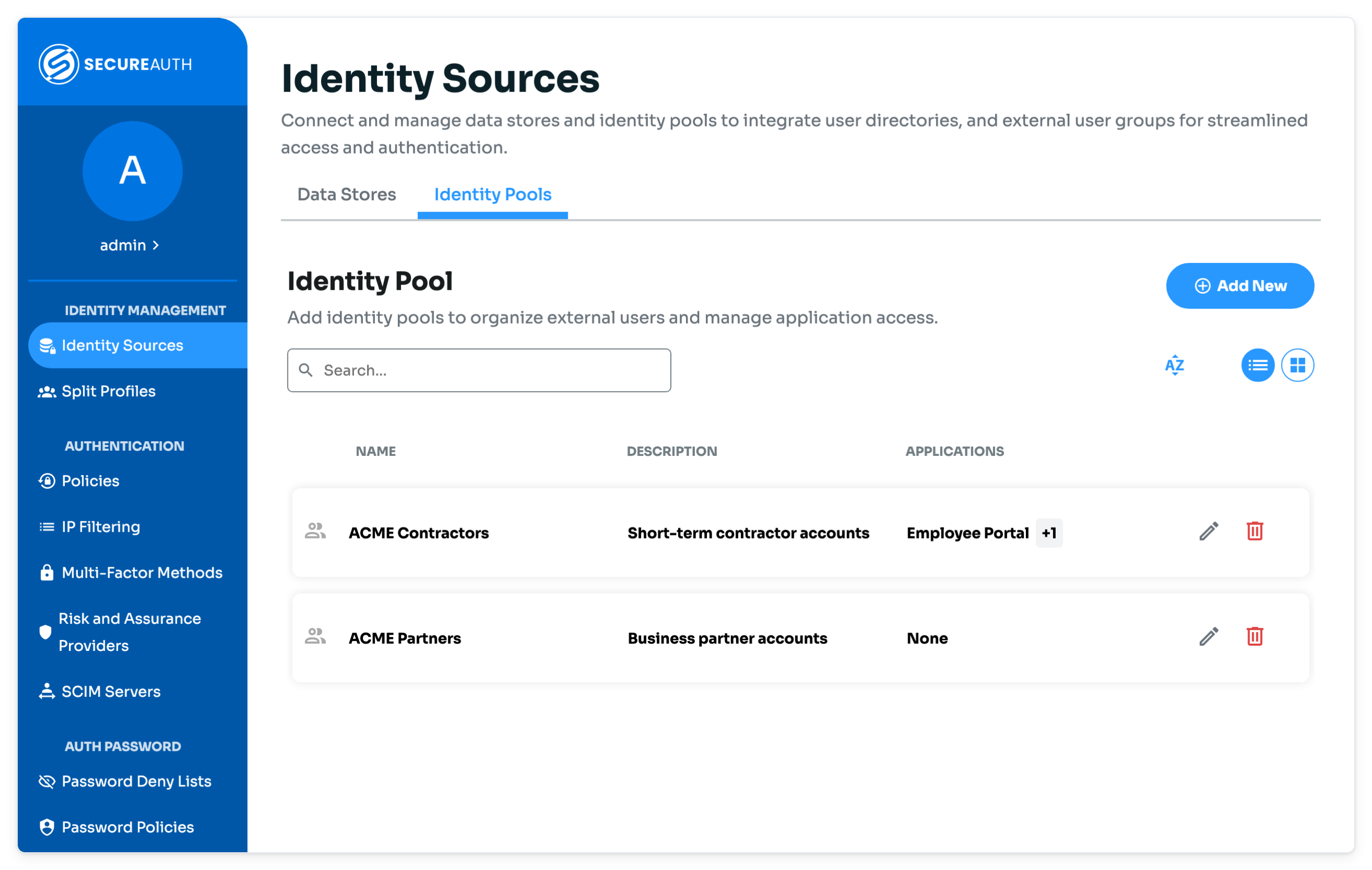 Identity Sources page, Identity Pools tab, listing identity pools with edit and delete icons on each row.