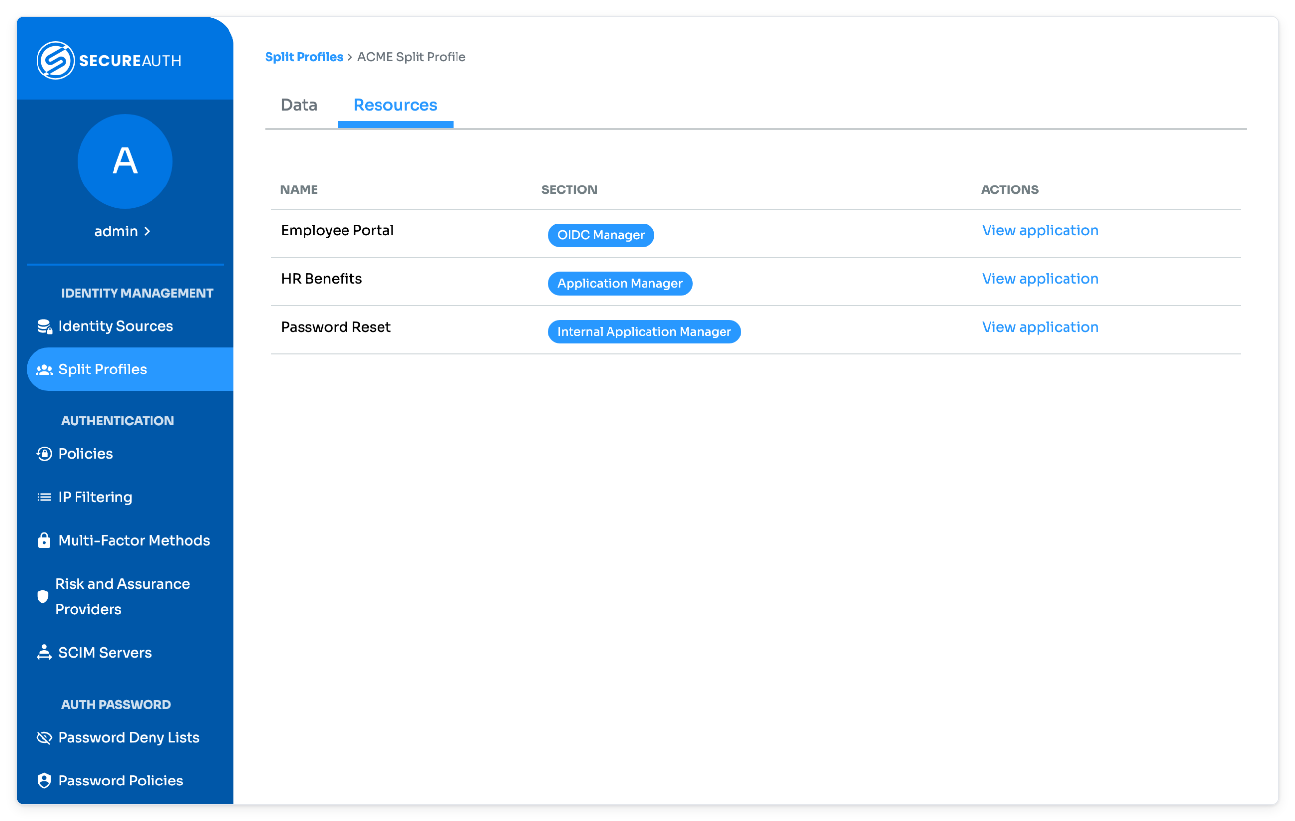 Split Profile edit page open on the Resources tab, listing the applications that use the Split Profile data store.