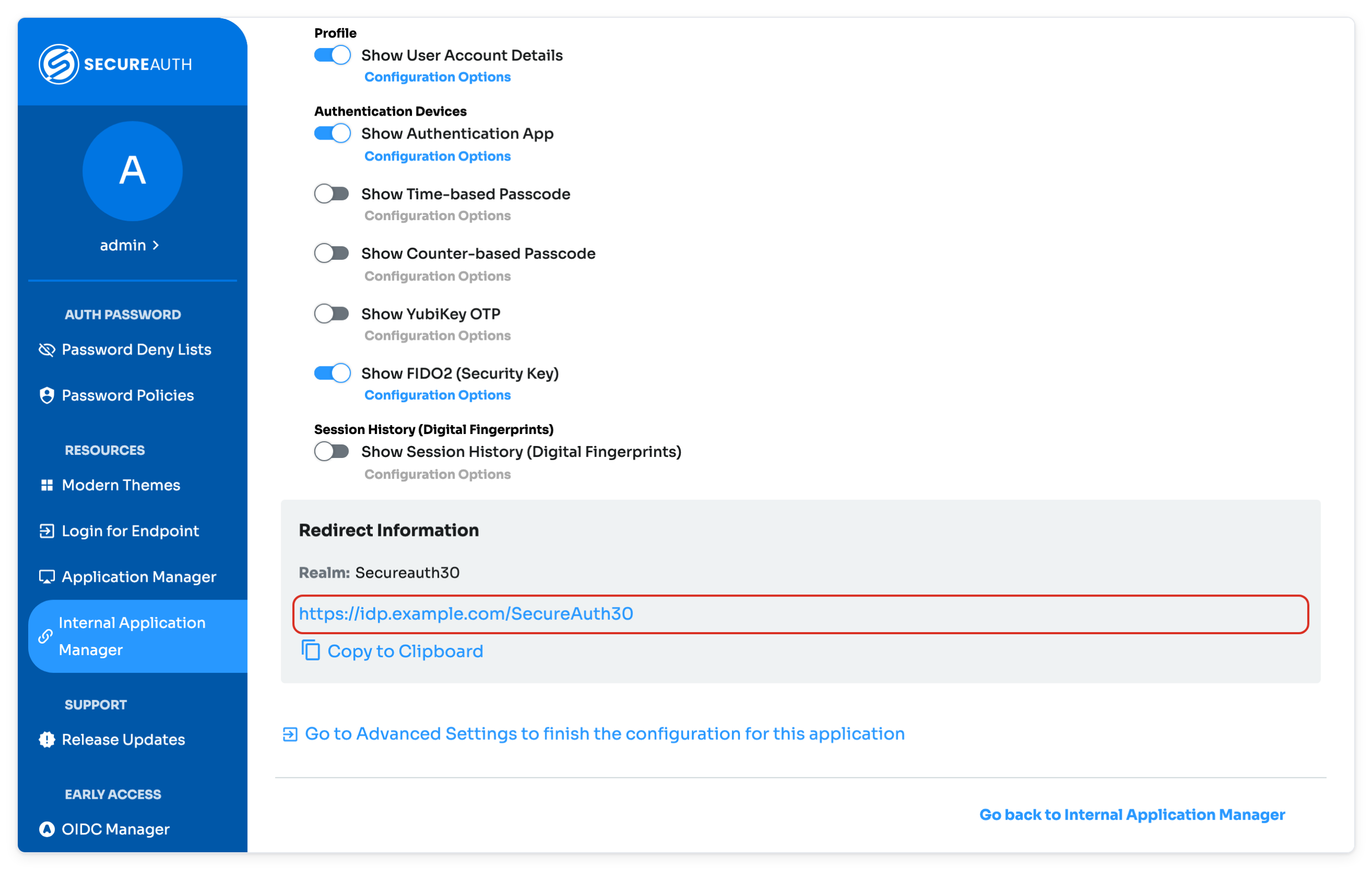 Redirect Information section with the login URL highlighted.