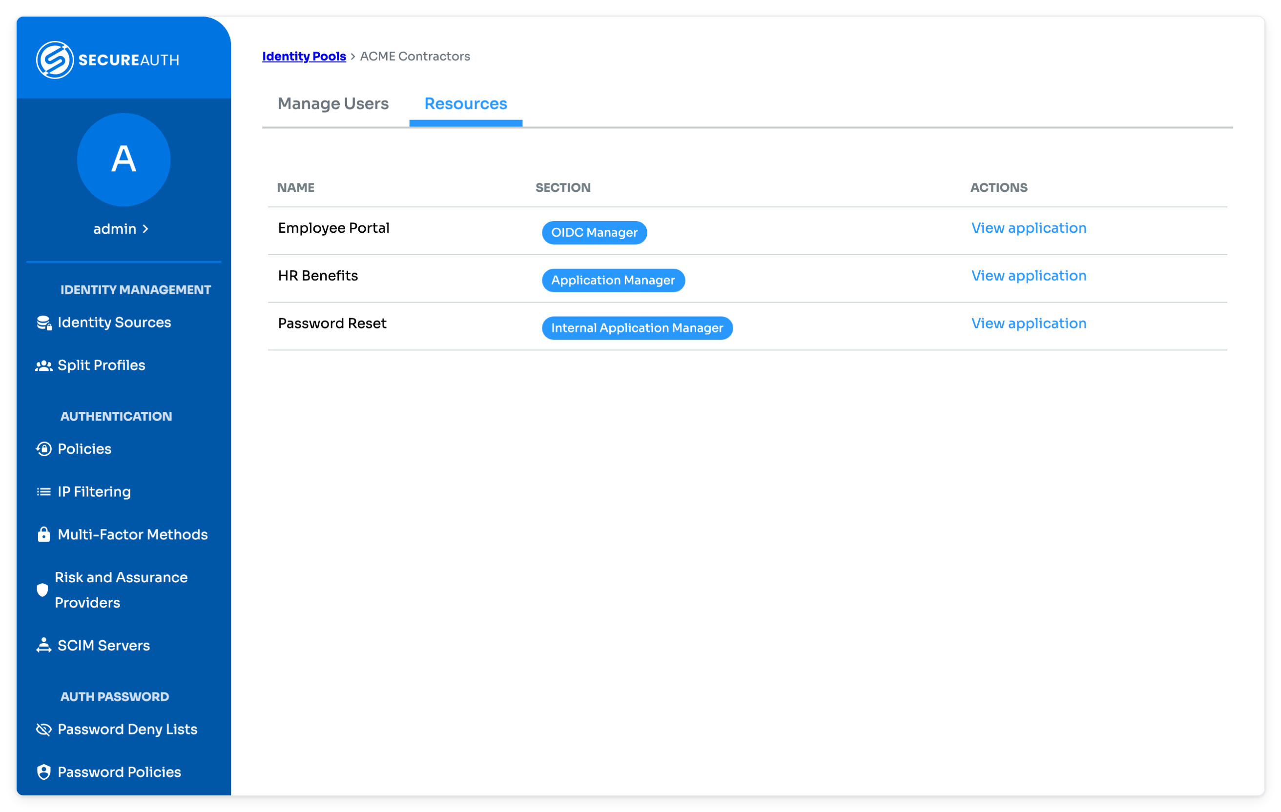 Identity pool page open on the Resources tab, listing the applications that use the identity pool, each with a View application link.