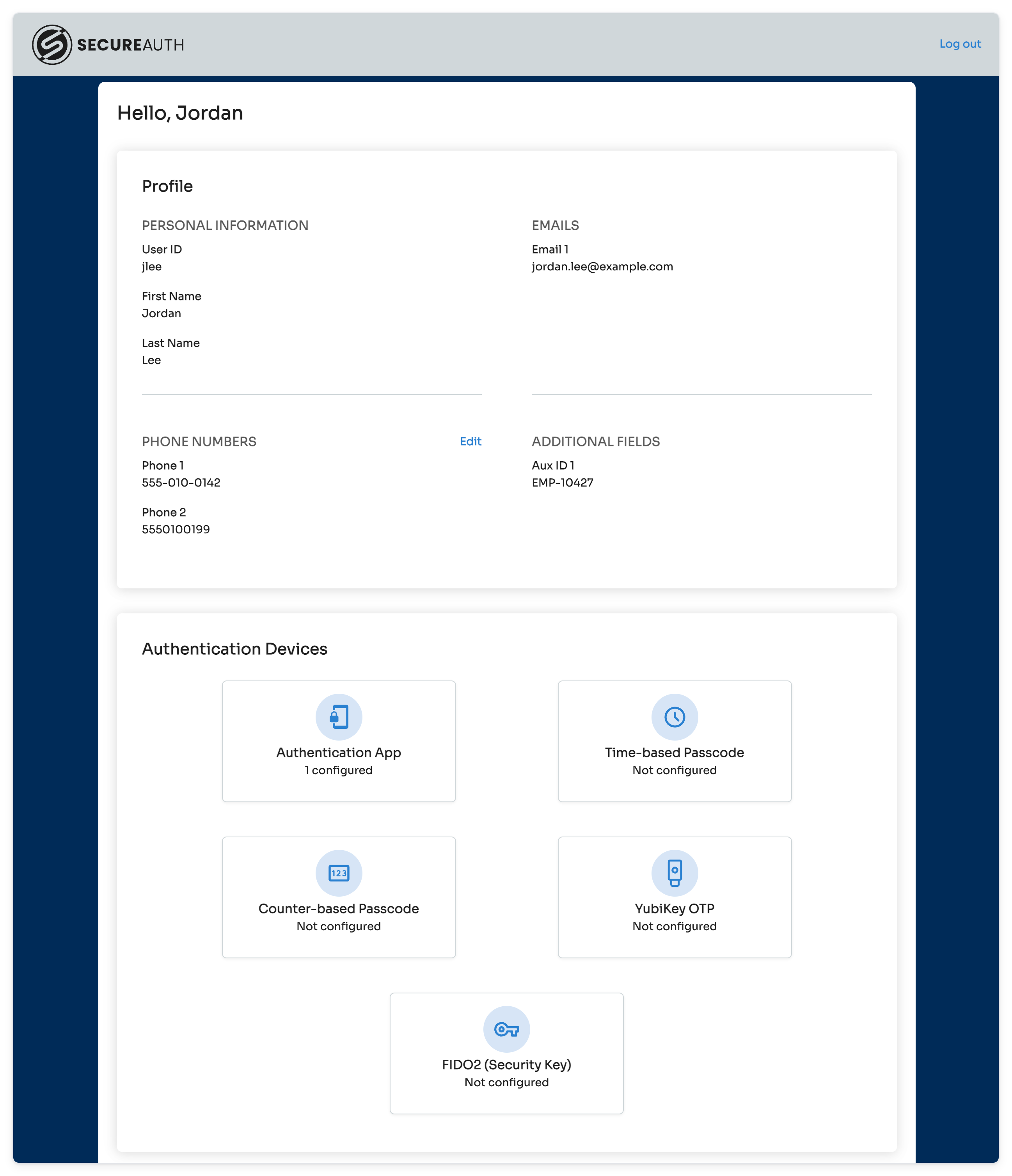 User Account page showing profile details and authentication devices.