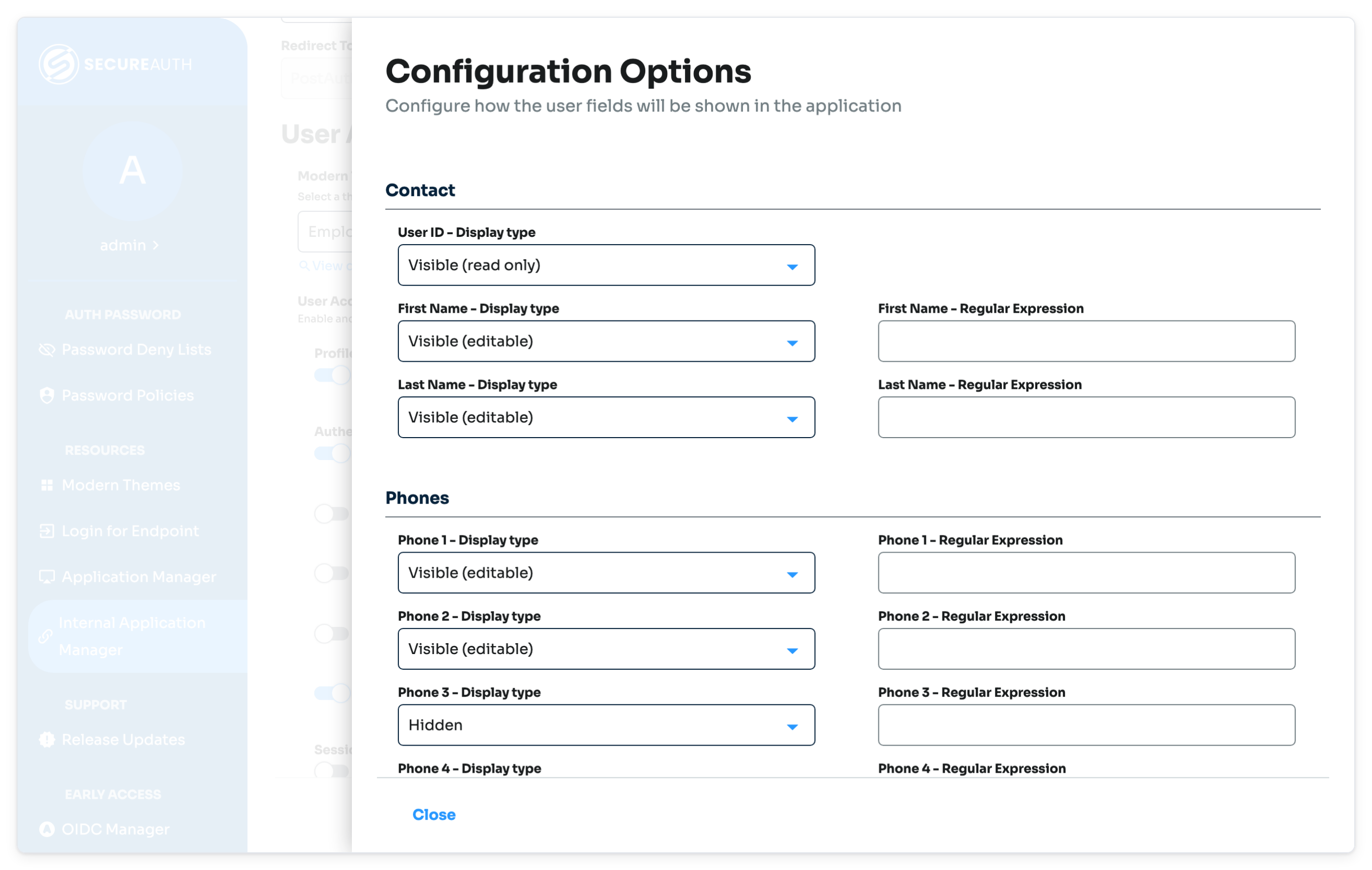 Configuration Options drawer showing the Contact and Phones display settings.