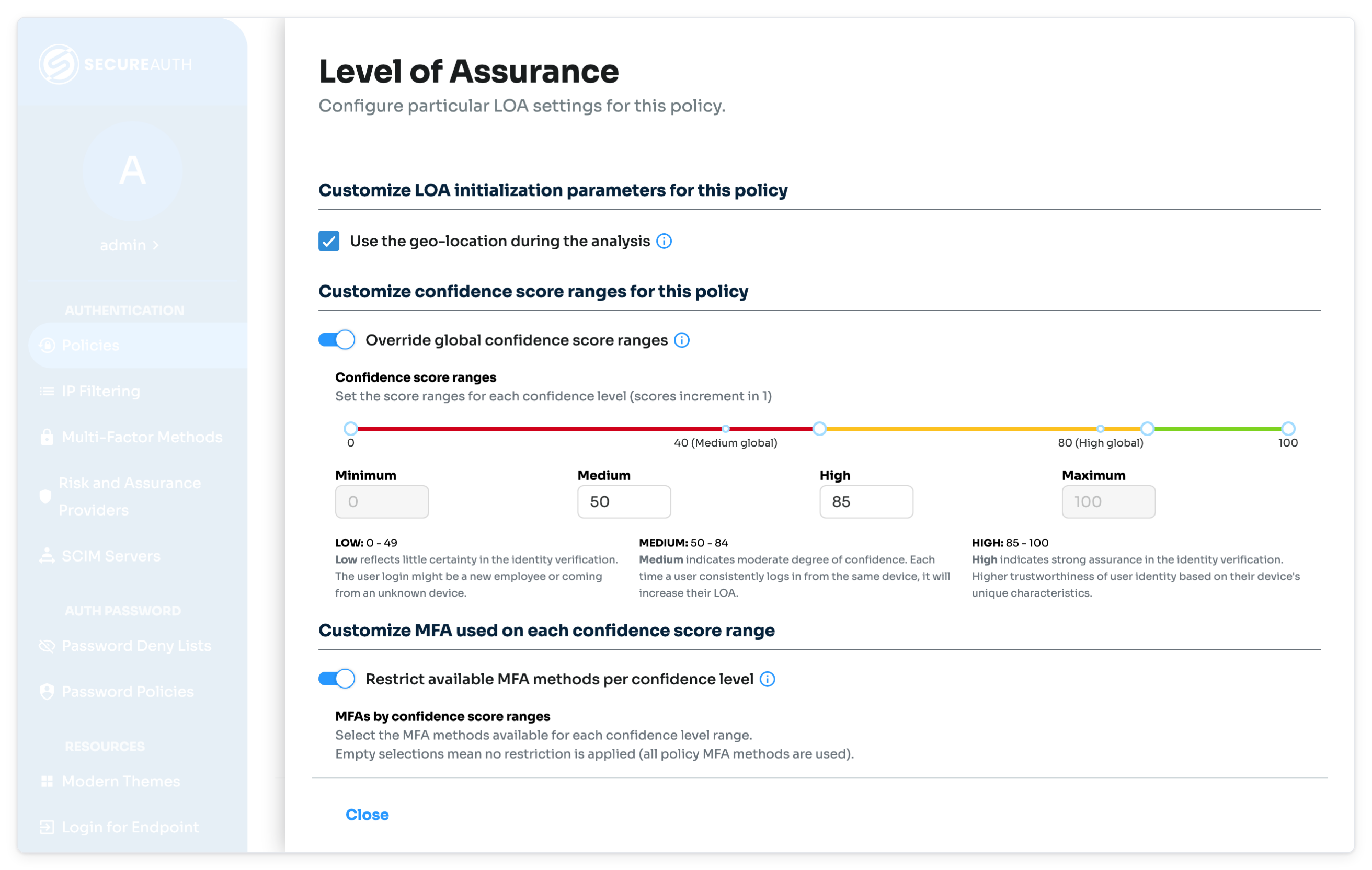 Level of Assurance settings with the geo-location option and custom confidence score ranges.