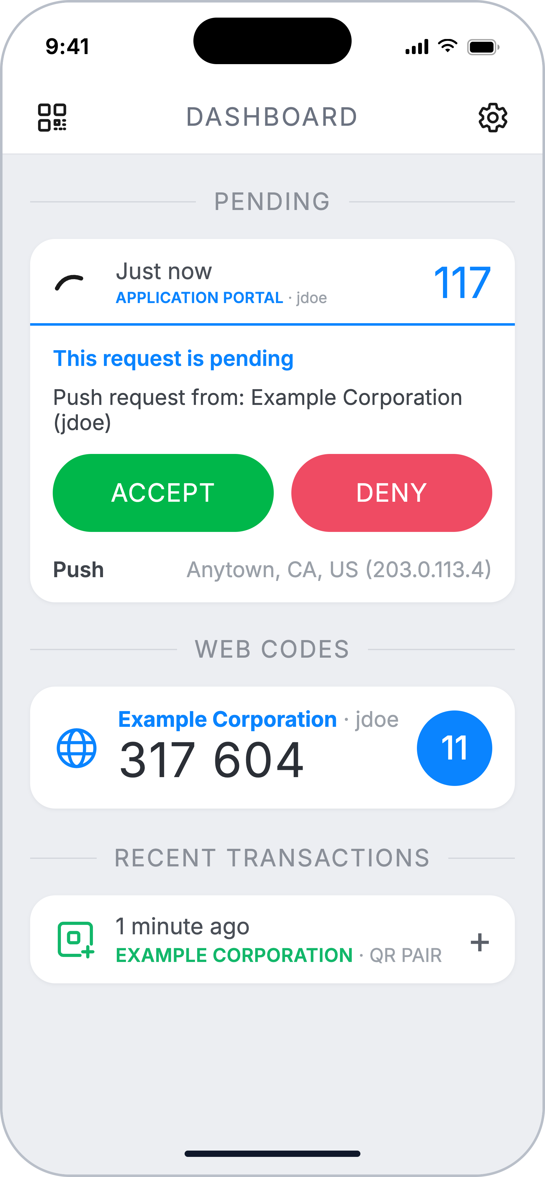 Pending login request with Accept and Deny buttons.