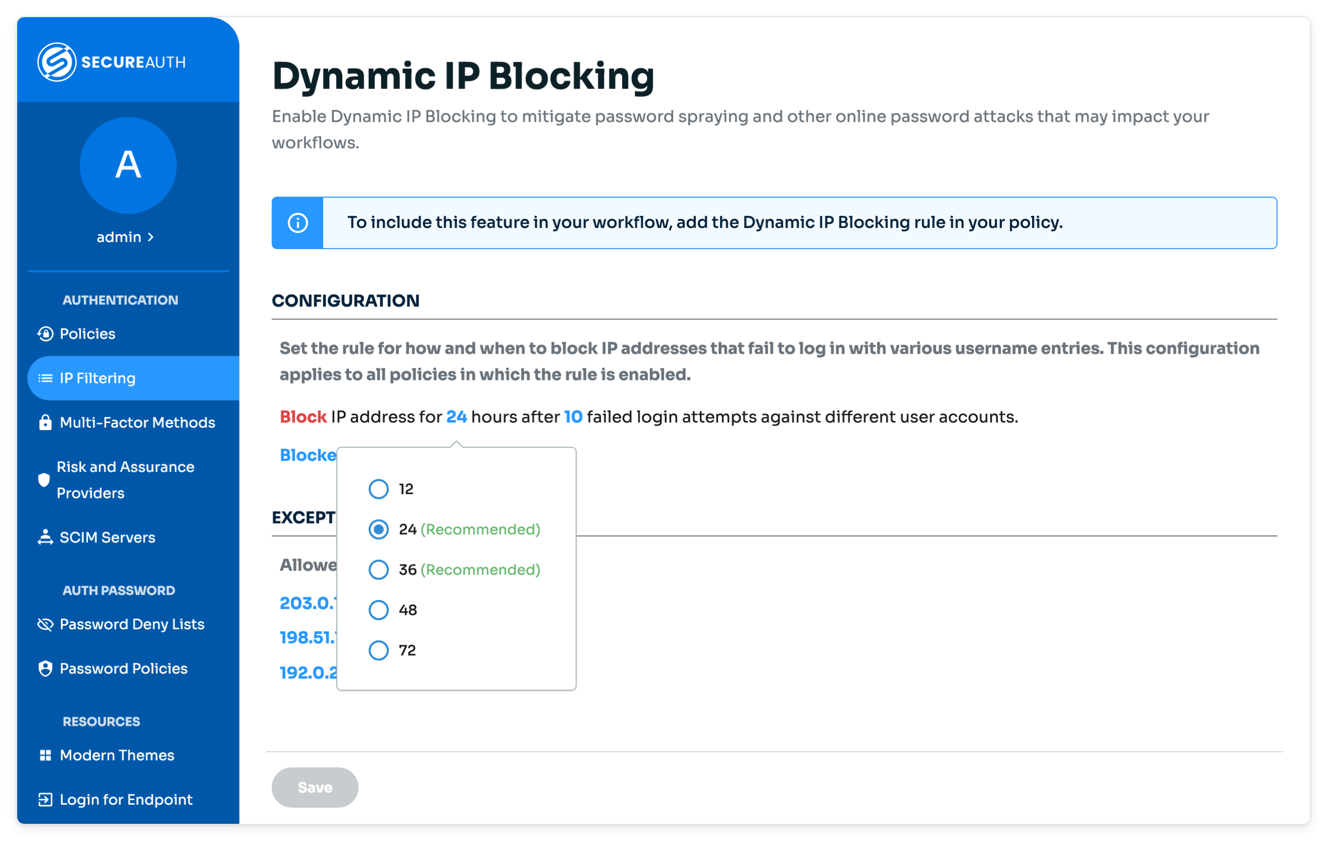 IP Filtering page with the length of time options open and 24 hours selected.