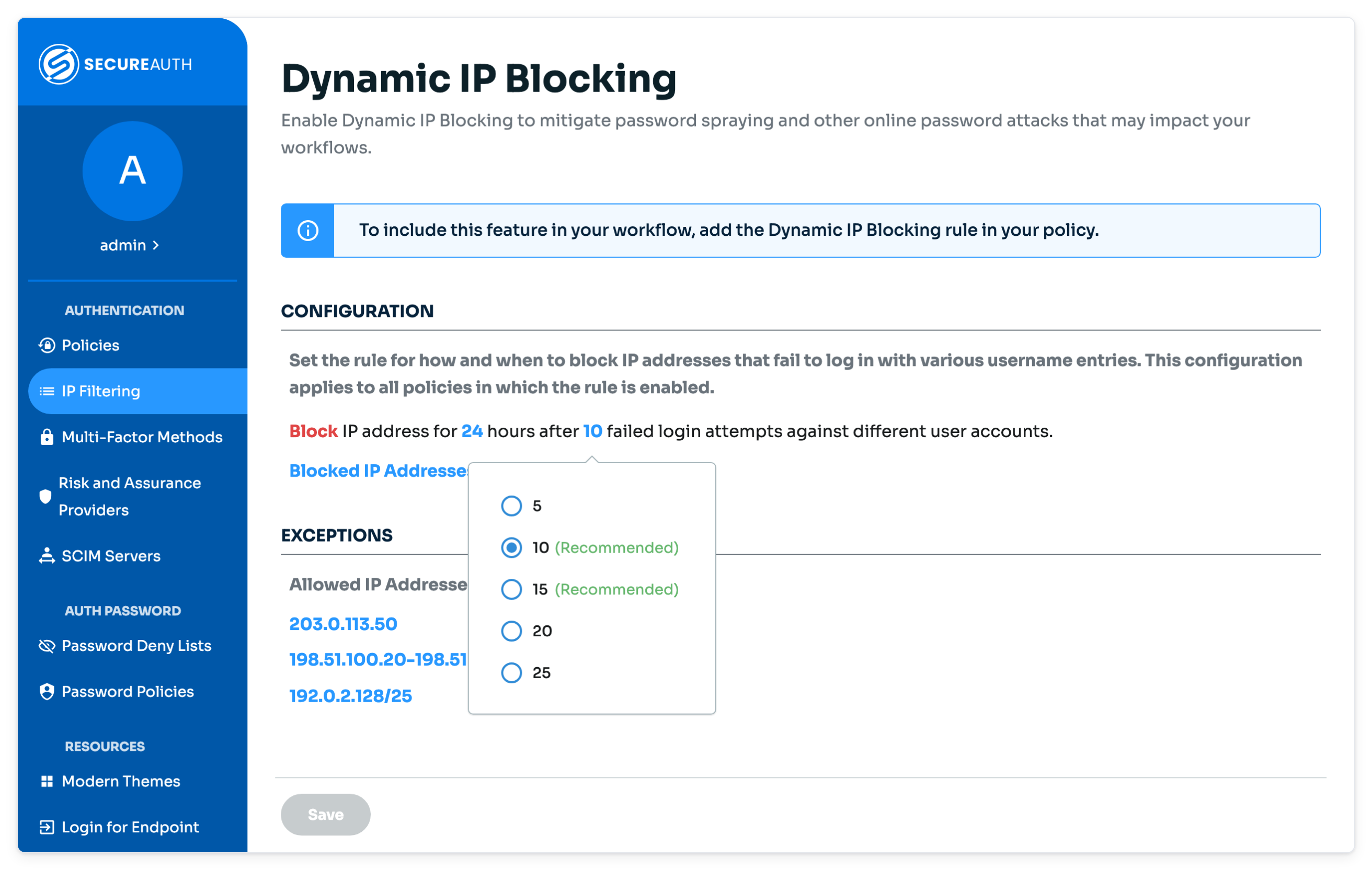 IP Filtering page with the failed login attempts options open and 10 selected.