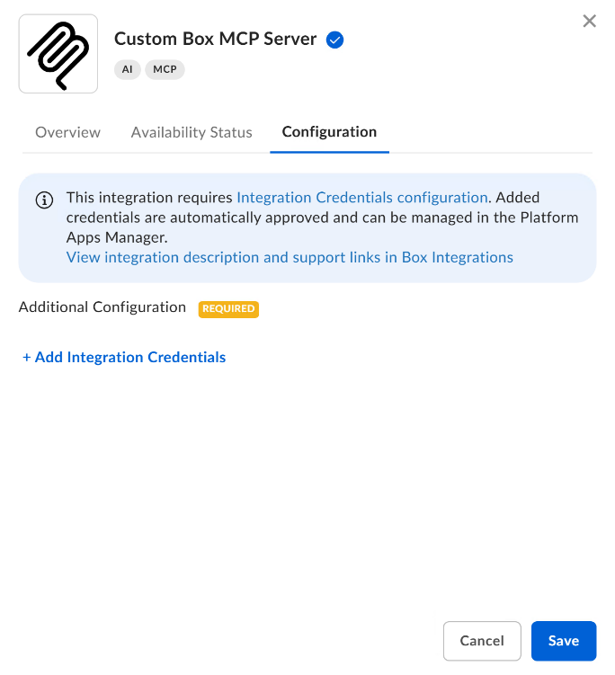 Custom Box MCP Server Configuration tab showing Additional Configuration marked required and the Add Integration Credentials link