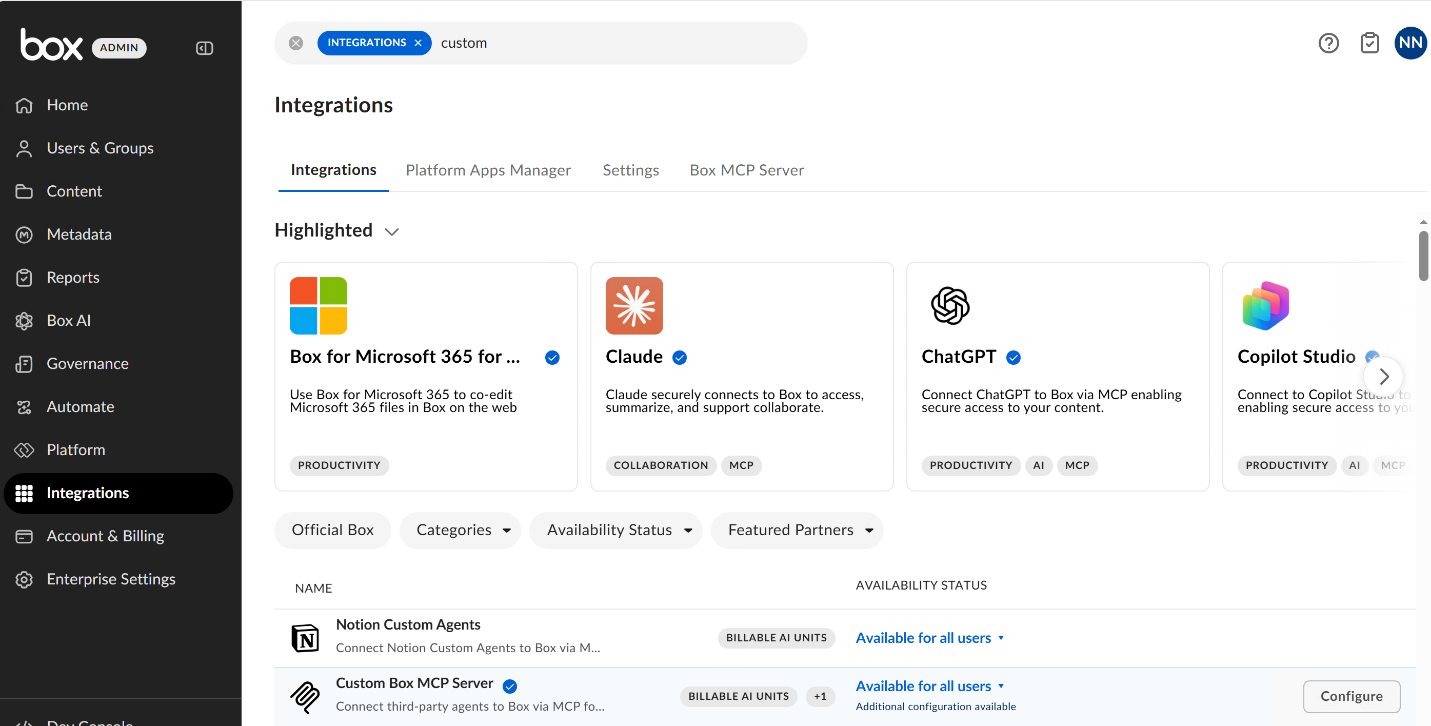 Box Admin Console Integrations page with Custom Box MCP Server listed and its Configure button