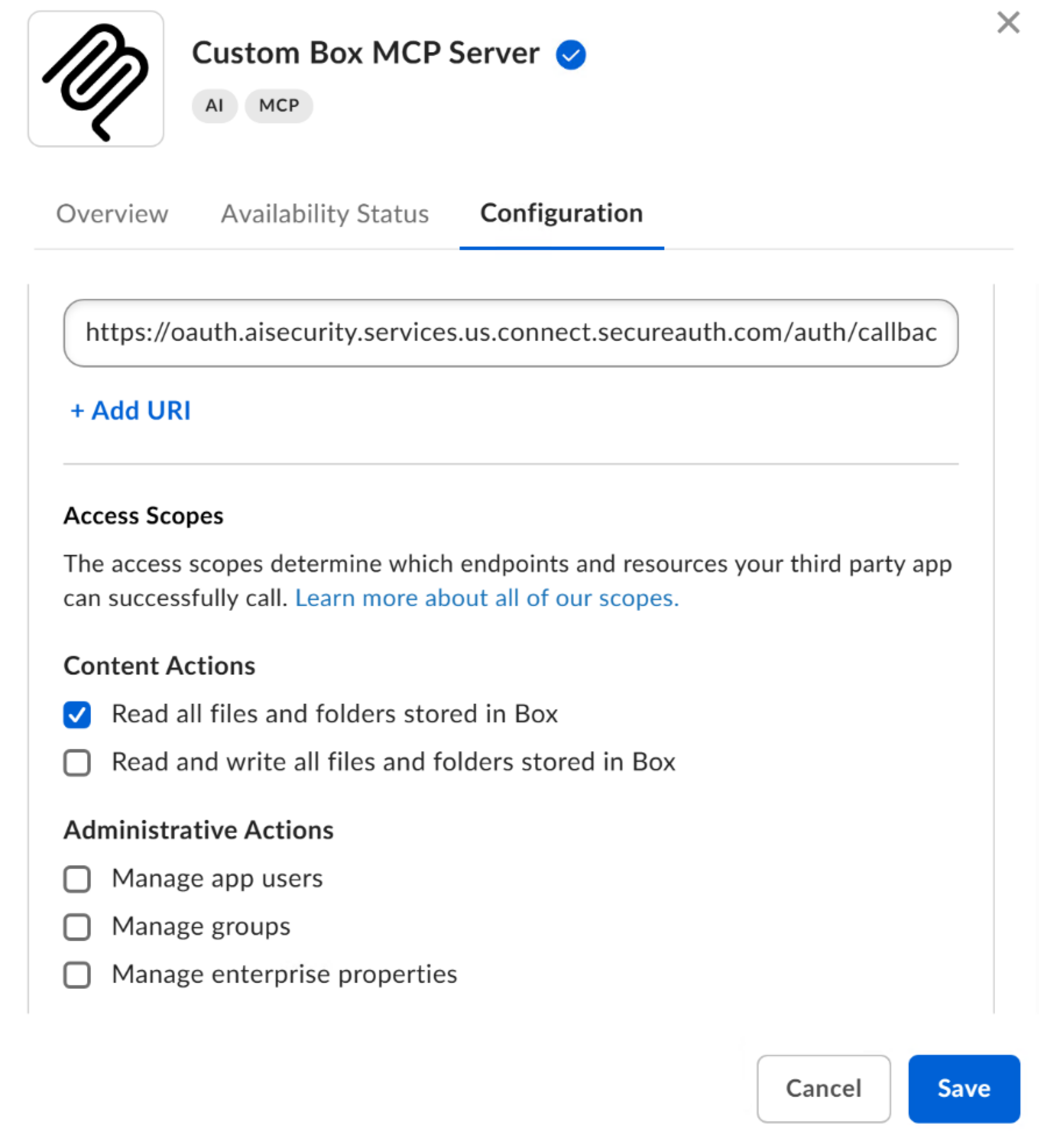 Custom Box MCP Server Configuration tab showing the redirect URI field and the Access Scopes checkboxes for Content Actions and Administrative Actions