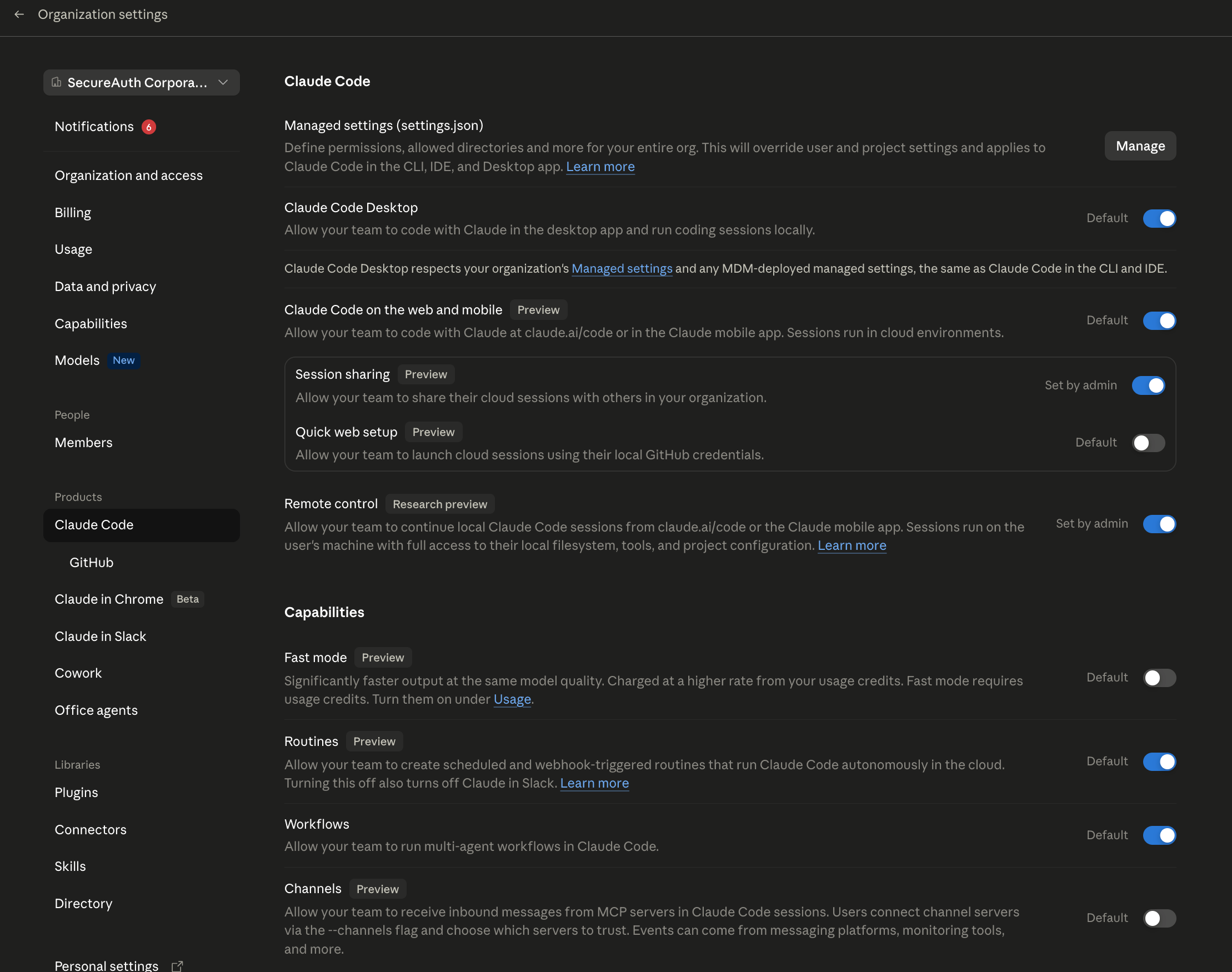 Claude Code product page in the admin console with the Managed settings (settings.json) row and Manage button