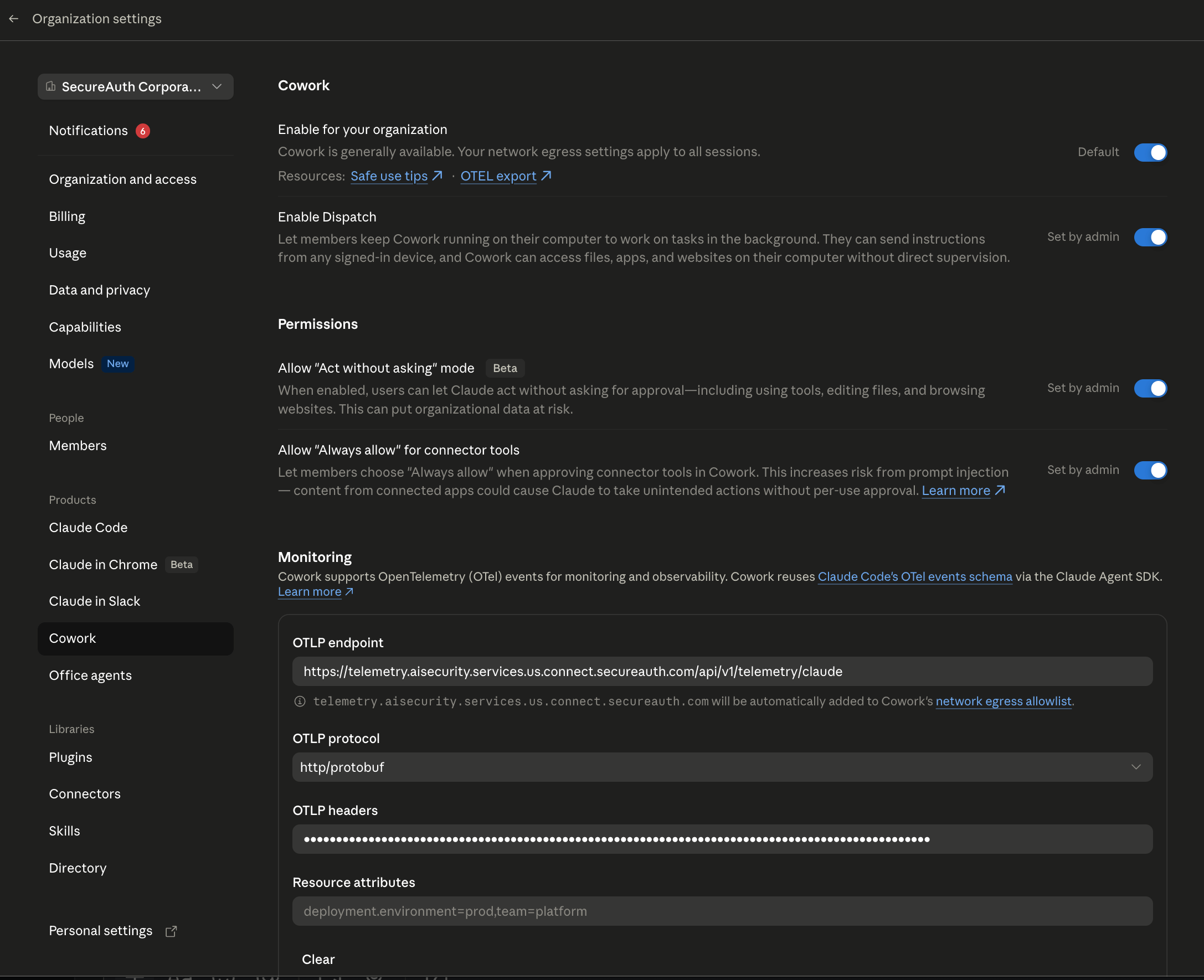 Cowork settings page in the admin console showing the Monitoring section with OTLP endpoint, protocol, and headers fields