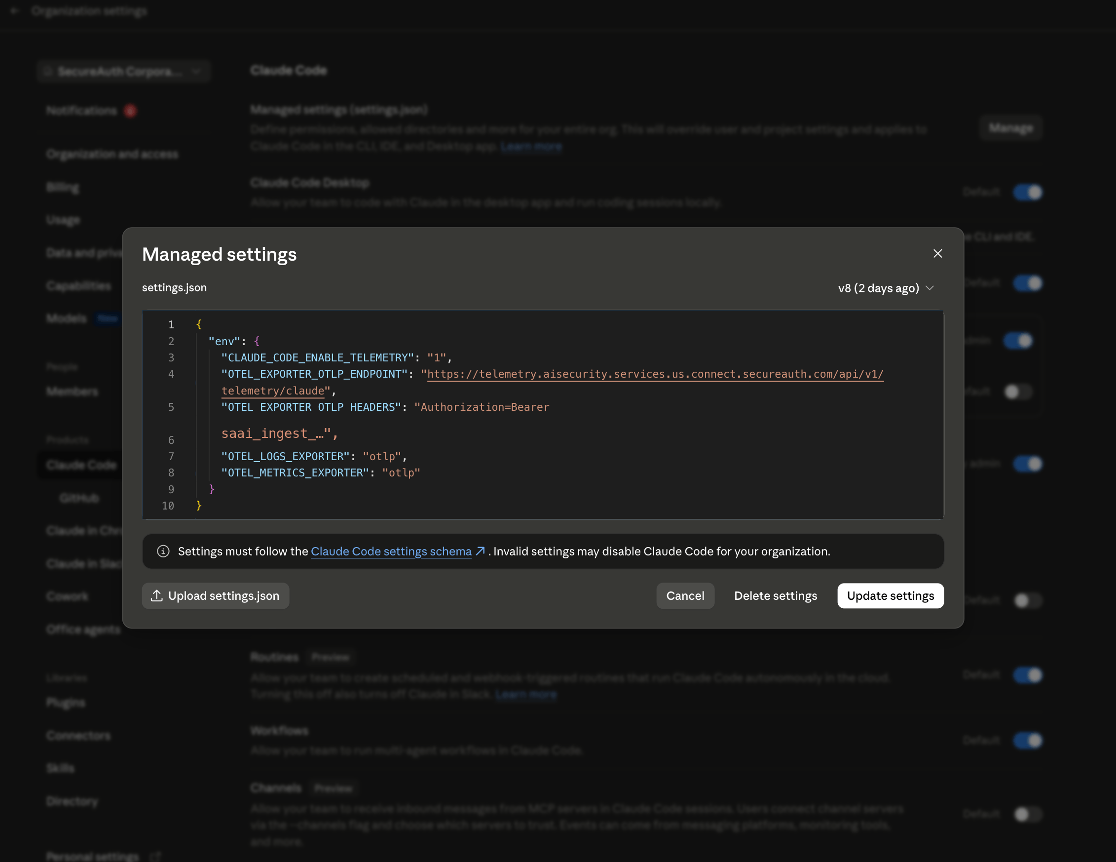 Managed settings dialog showing the settings.json editor with the OTel env block pasted in