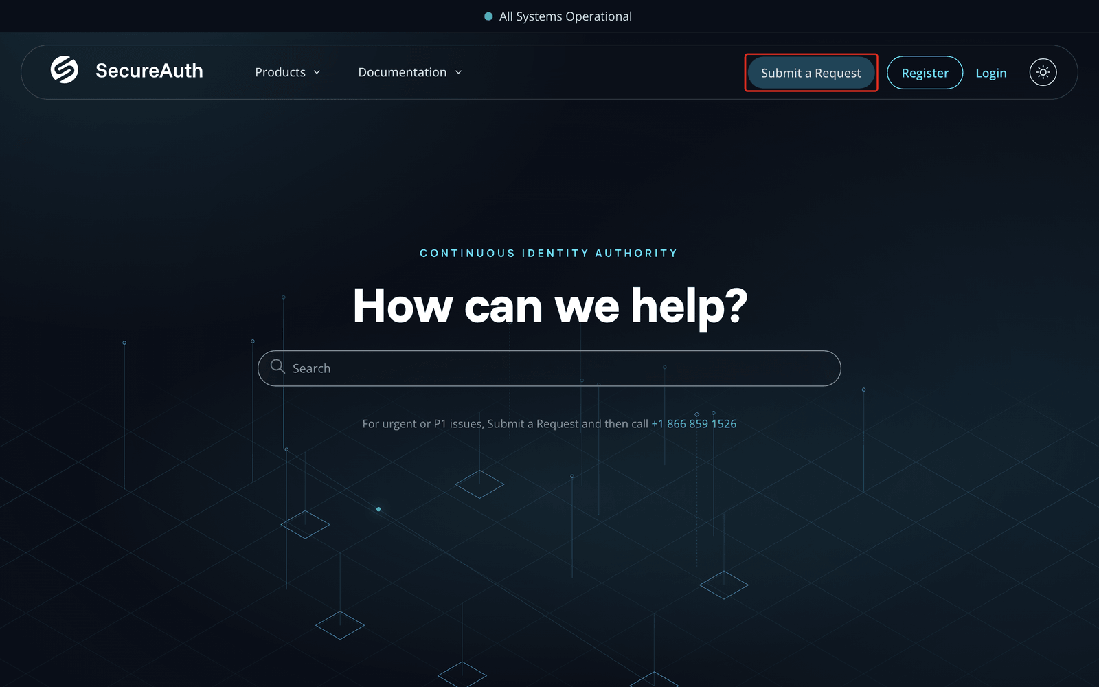 The Support Portal home page with the Submit a Request button highlighted at the top right.