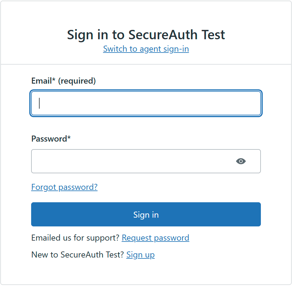 The SecureAuth Support sign-in form with email and password fields, a Forgot password link, and a Sign up link.