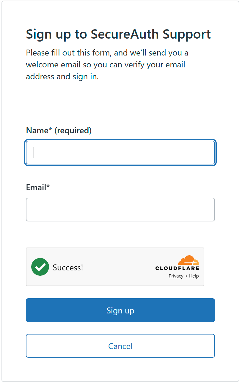 The Sign up to SecureAuth Support form, with Name and Email fields and a Sign up button.