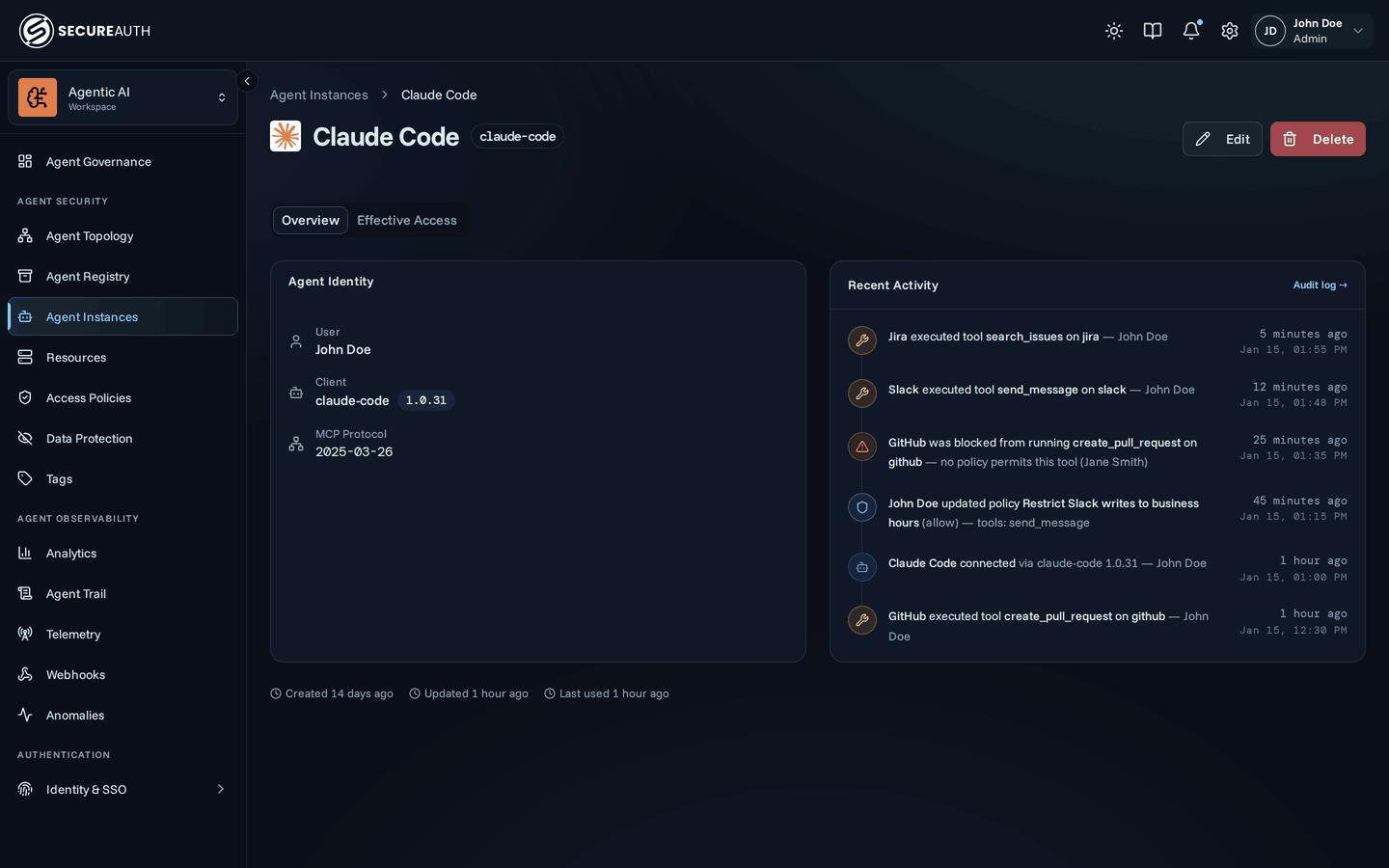 Agent instance detail page showing identity, metadata, and activity