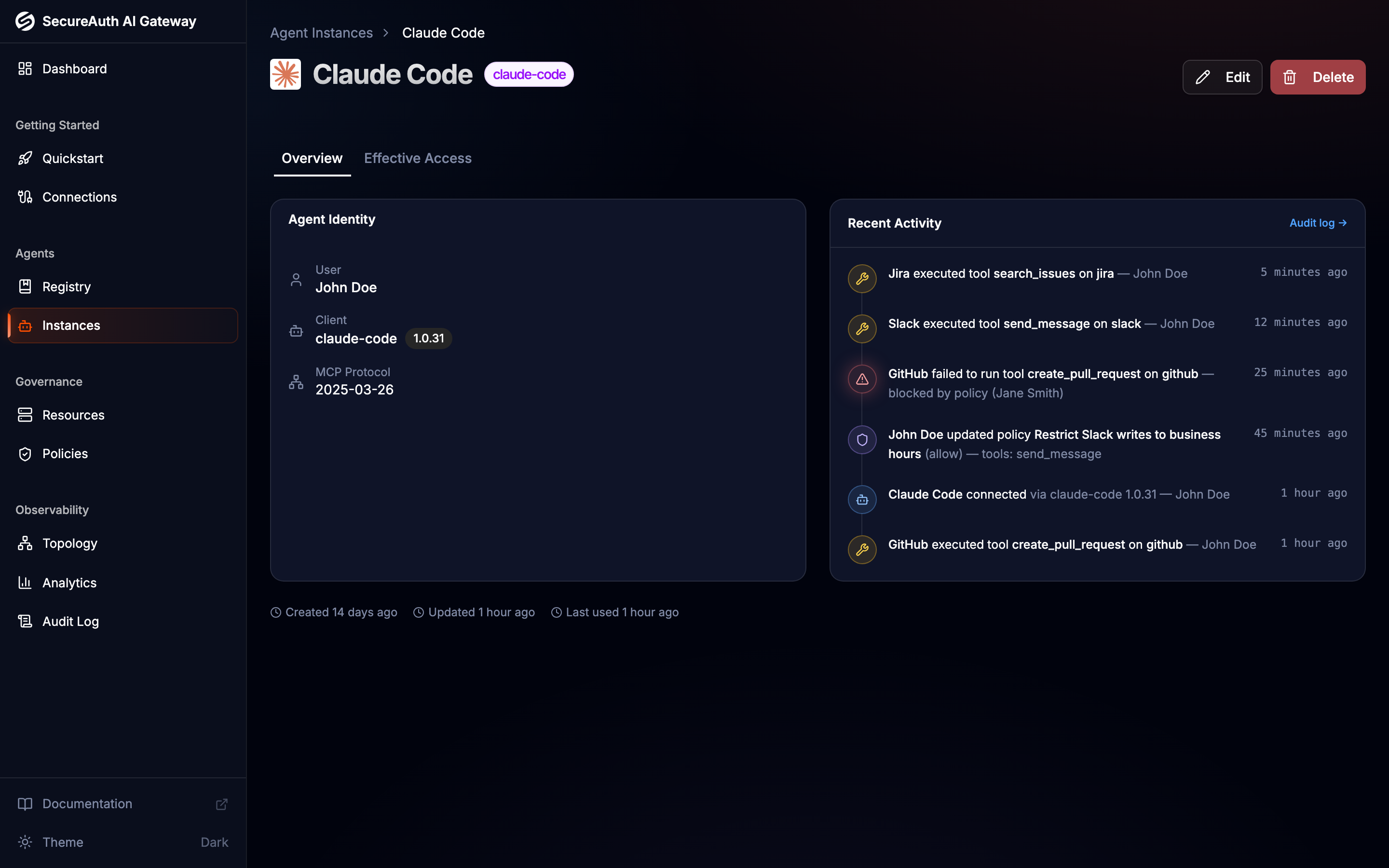 Agent instance detail page showing identity, metadata, and activity