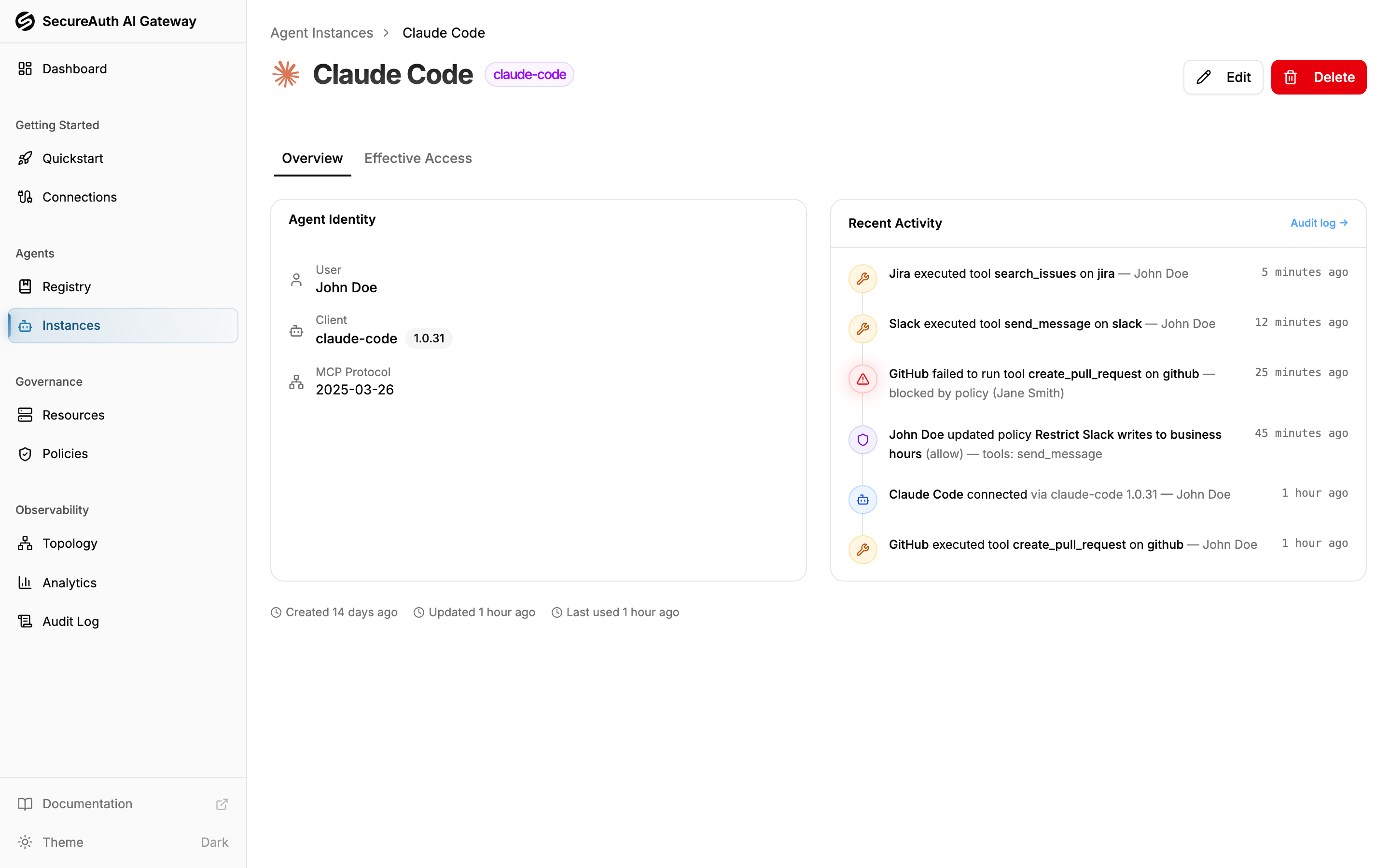 Agent instance detail page showing identity, metadata, and activity