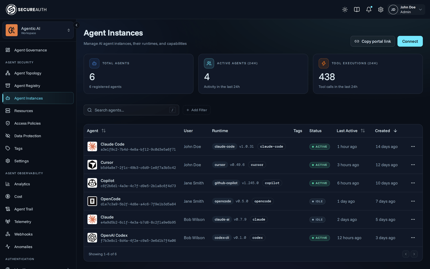 The Agent Instances page, with a Copy portal link button in the header beside Connect