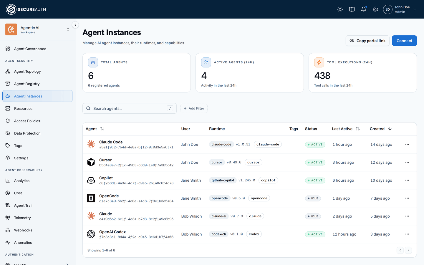 The Agent Instances page, with a Copy portal link button in the header beside Connect