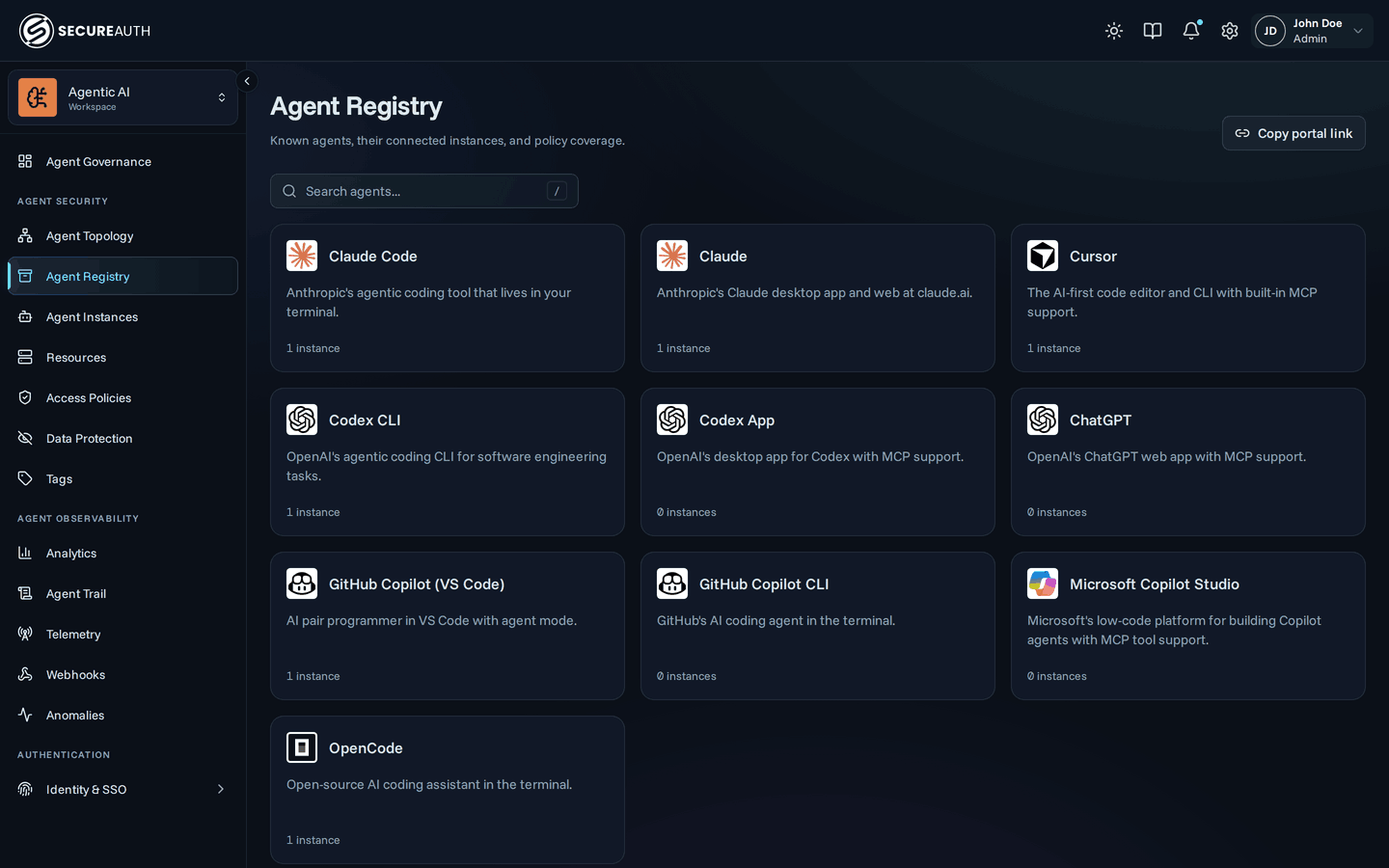 Agent Registry grid showing agents with instance counts and policy coverage