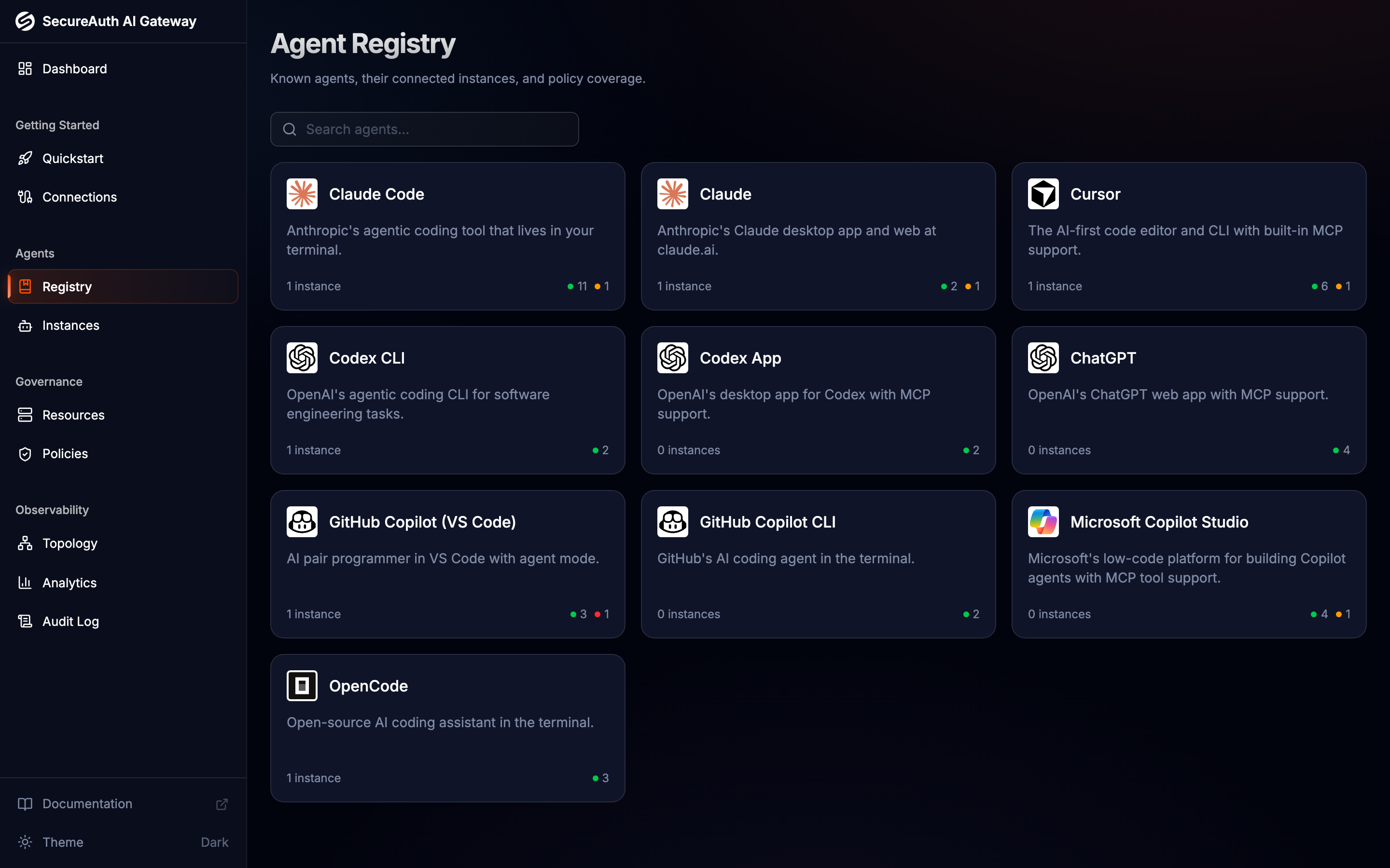 Agent Registry grid showing agents with instance counts and policy coverage