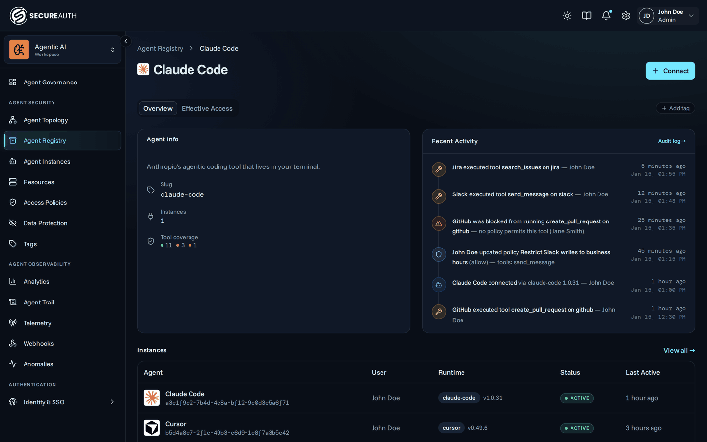 Agent Registry detail page with Overview and Effective Access tabs