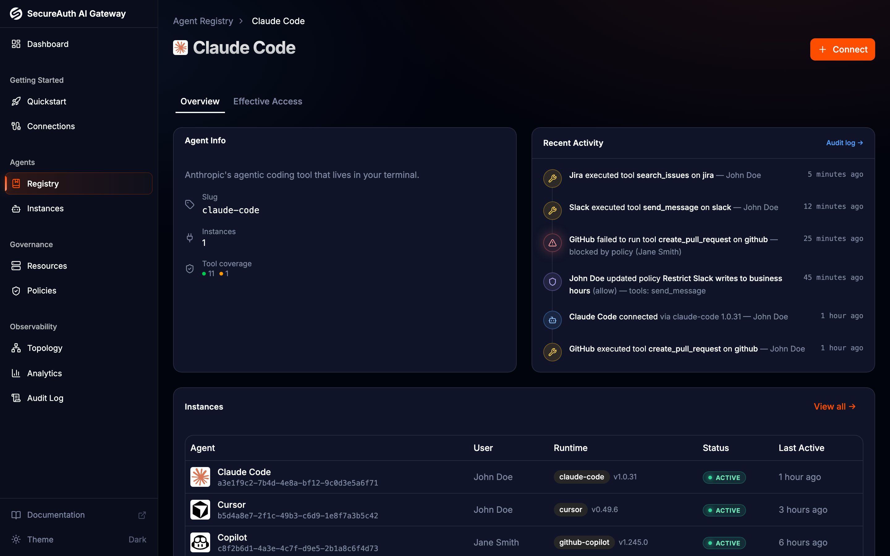 Agent Registry detail page with Overview and Effective Access tabs