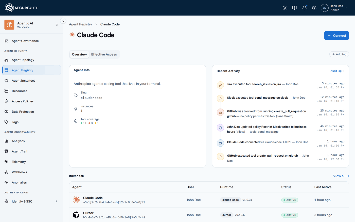 Agent Registry detail page with Overview and Effective Access tabs