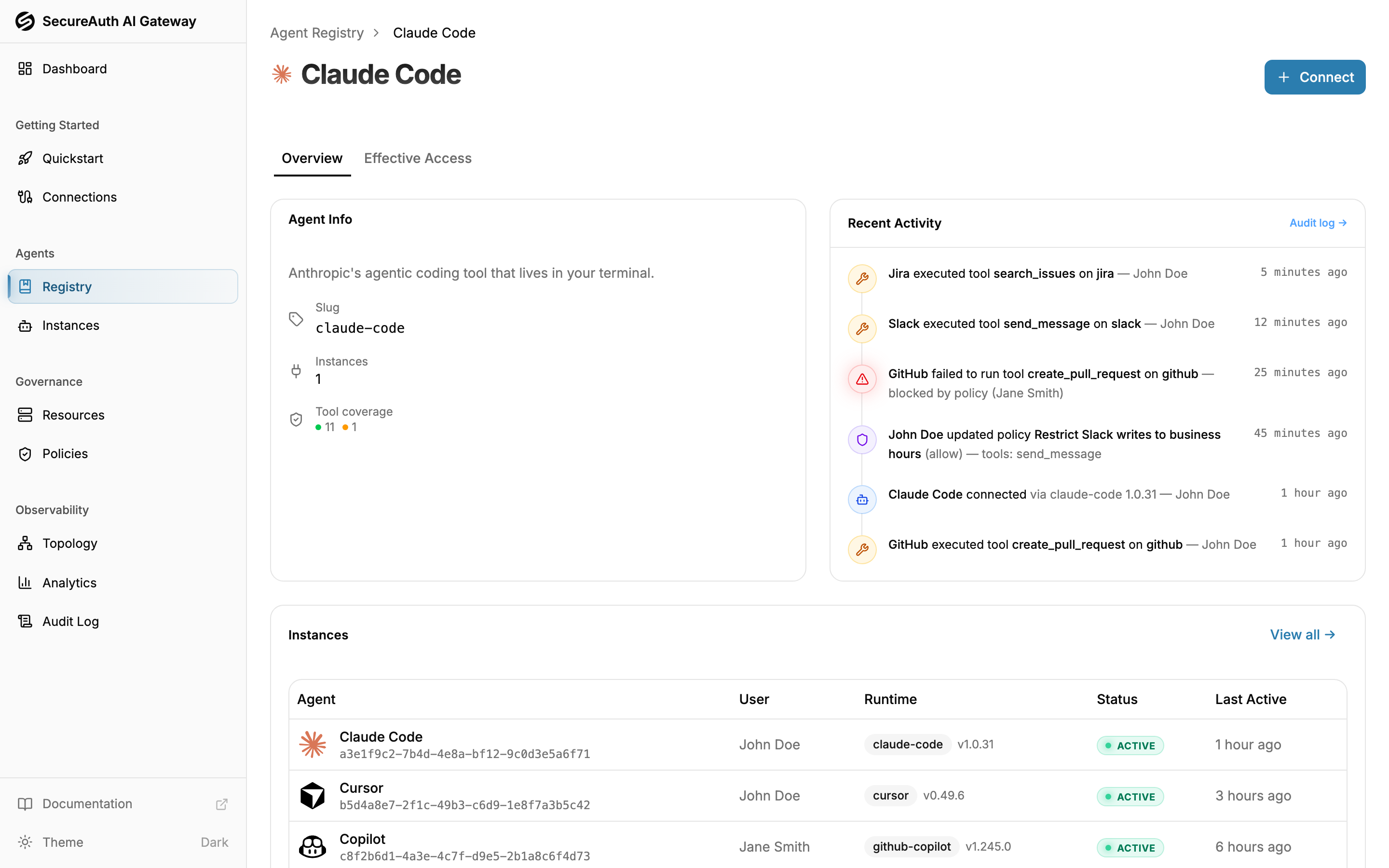 Agent Registry detail page with Overview and Effective Access tabs