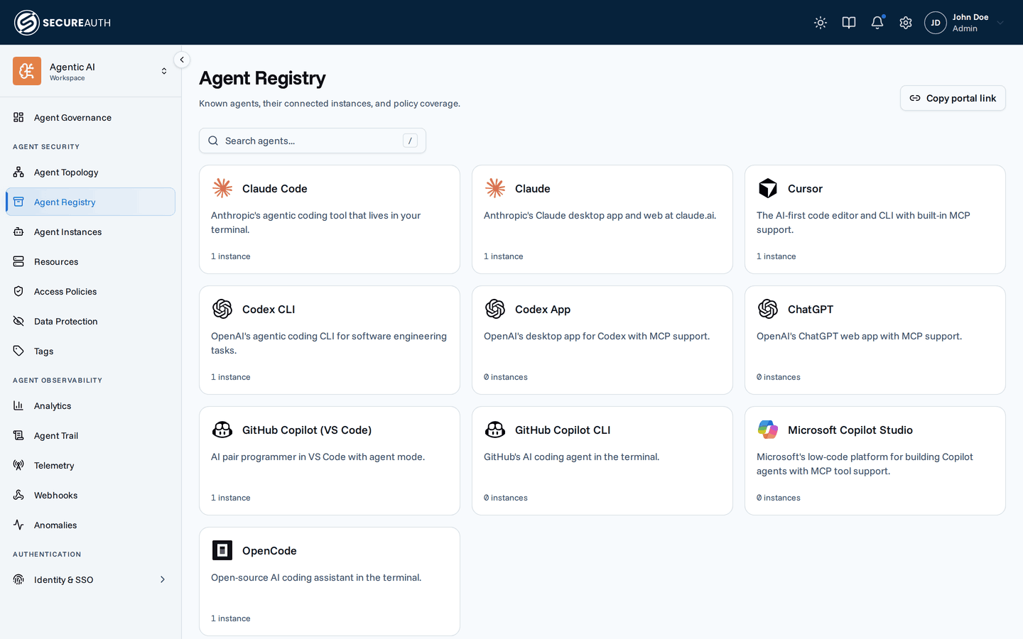 Agent Registry grid showing agents with instance counts and policy coverage