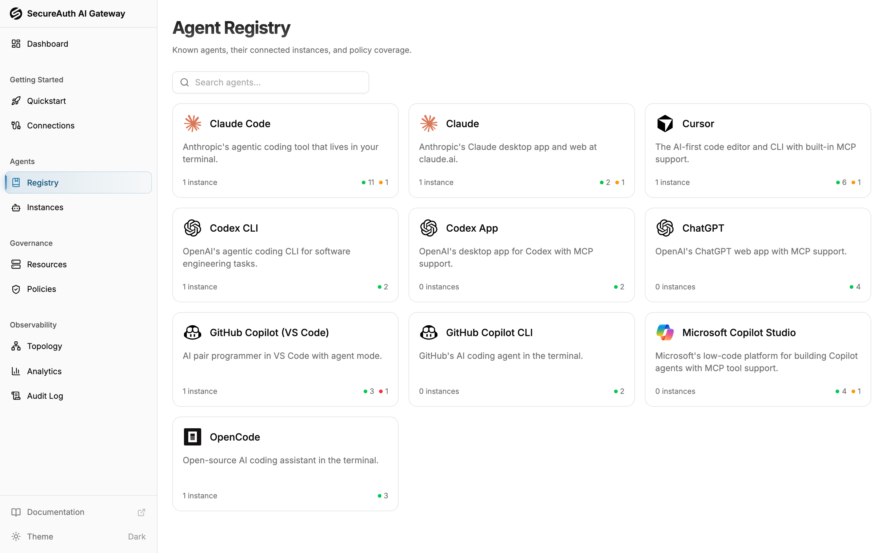 Agent Registry grid showing agents with instance counts and policy coverage