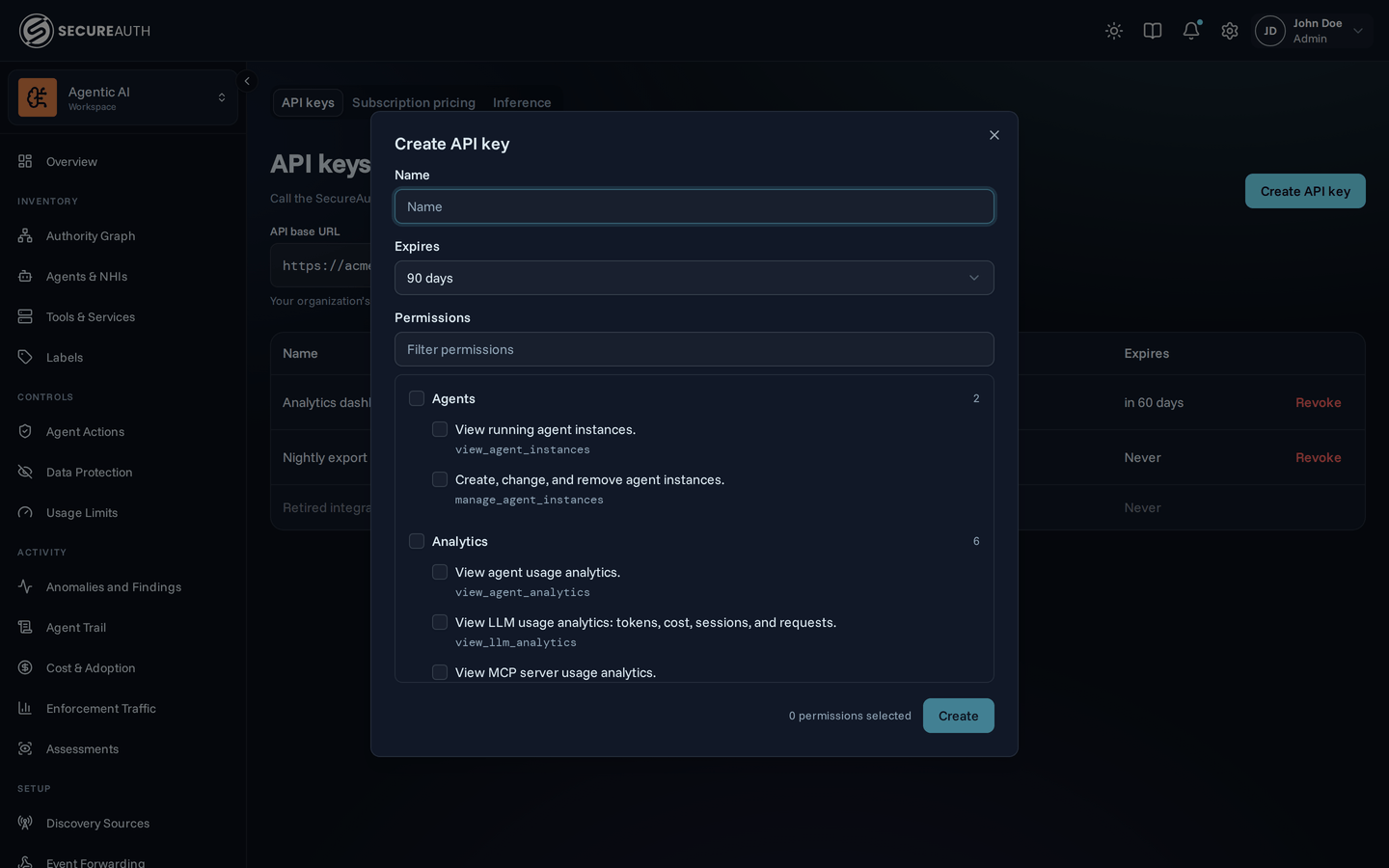 Create API key dialog with fields for name, expiry, and permissions
