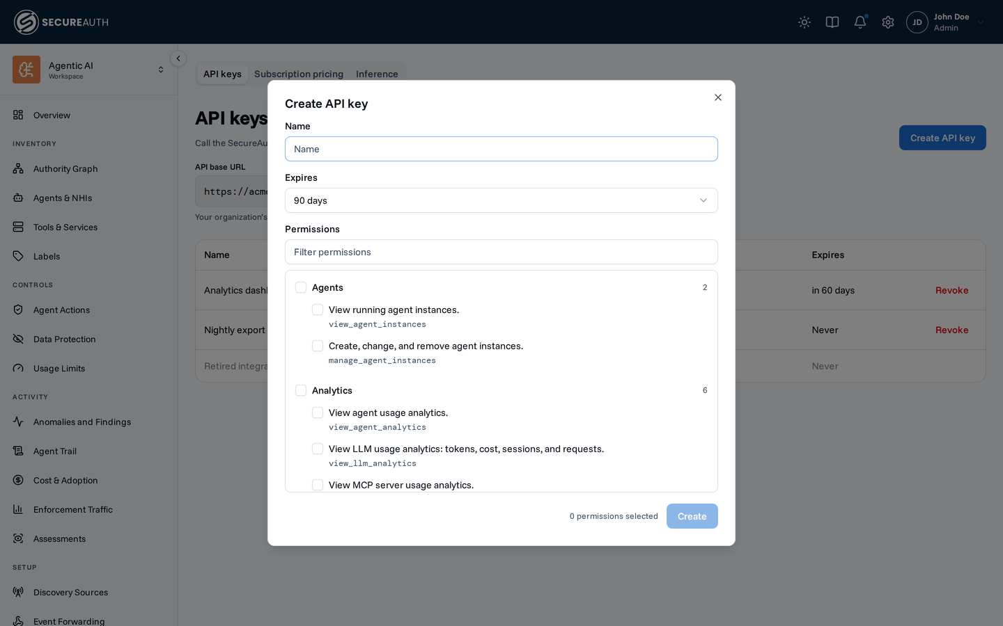 Create API key dialog with fields for name, expiry, and permissions