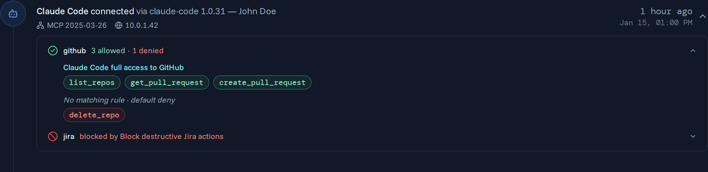 An expanded agent connection entry with tools grouped under their deciding rules
