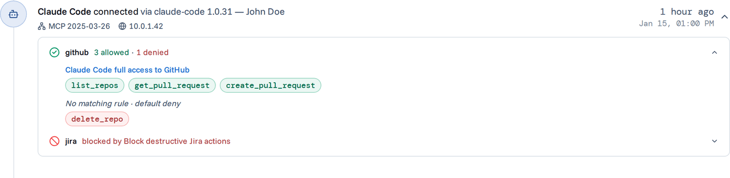An expanded agent connection entry with tools grouped under their deciding rules