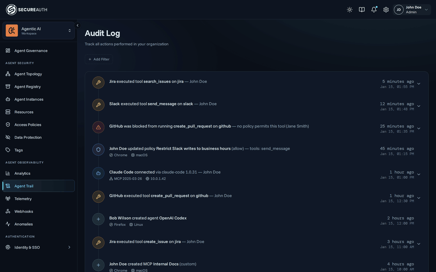 Audit log showing tool execution events