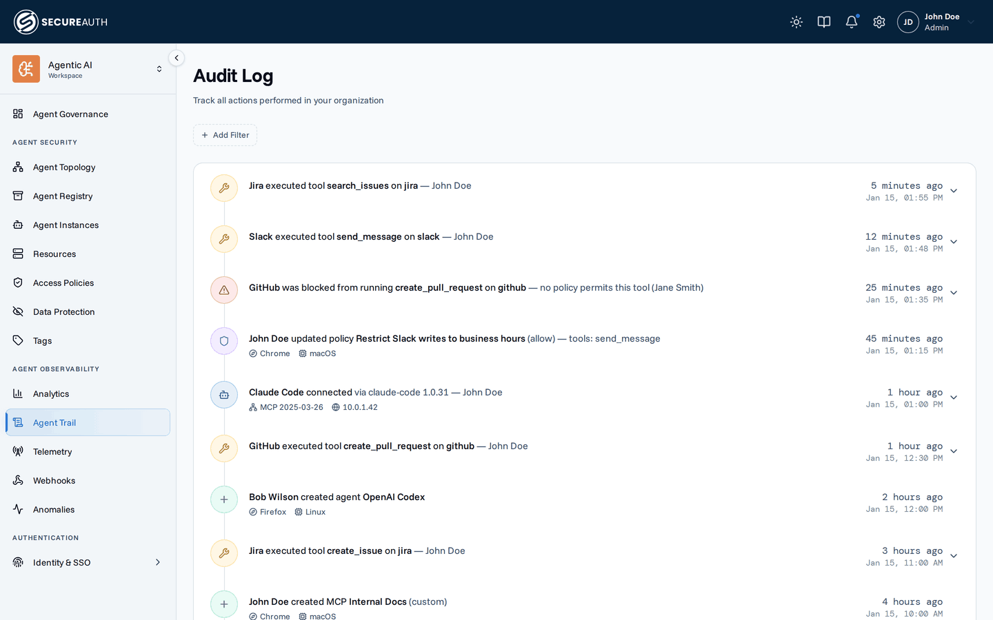 Audit log showing tool execution events