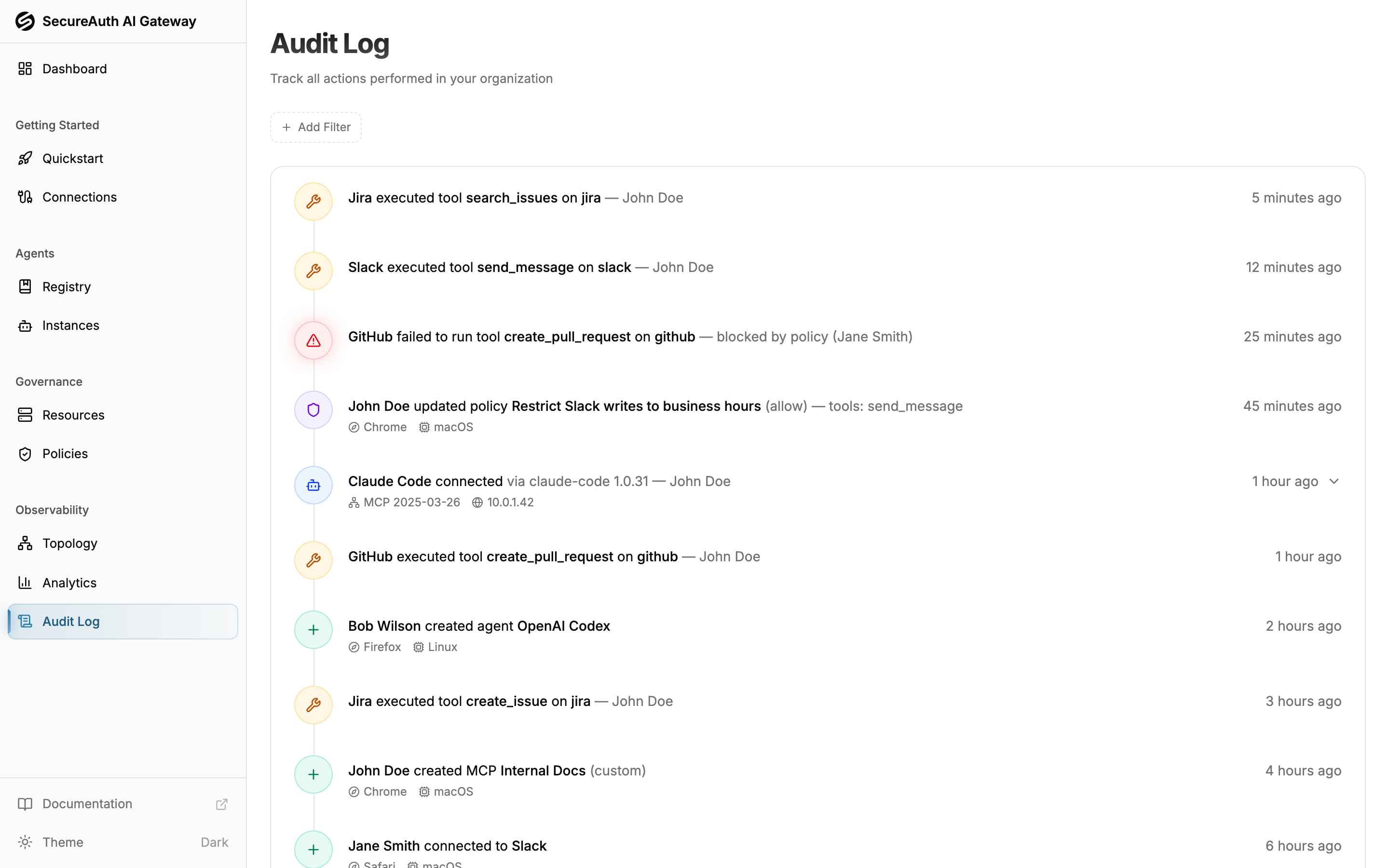 Audit log showing tool execution events