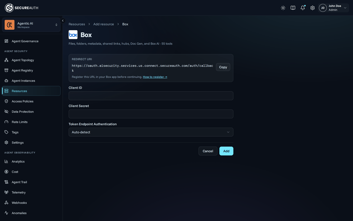 Box credentials form in the Agent Authority console, showing Redirect URI with a Copy button, Client ID, Client Secret, and Token Endpoint Authentication