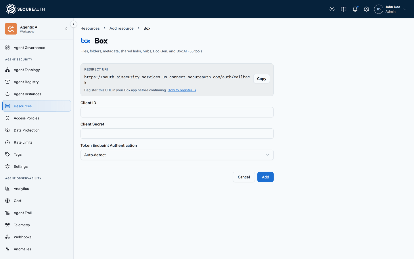 Box credentials form in the Agent Authority console, showing Redirect URI with a Copy button, Client ID, Client Secret, and Token Endpoint Authentication