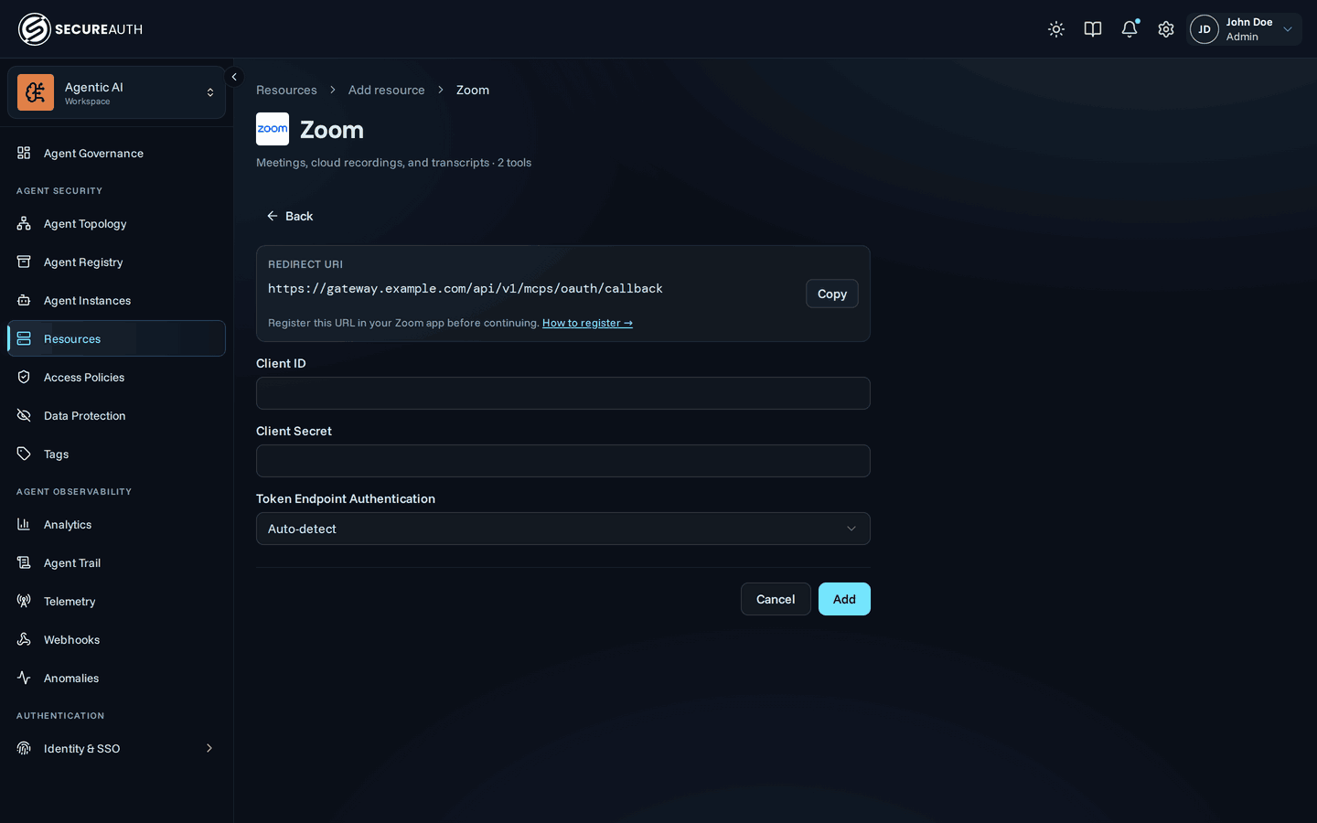 Bring-your-own credentials form with redirect URI, client ID, and client secret fields