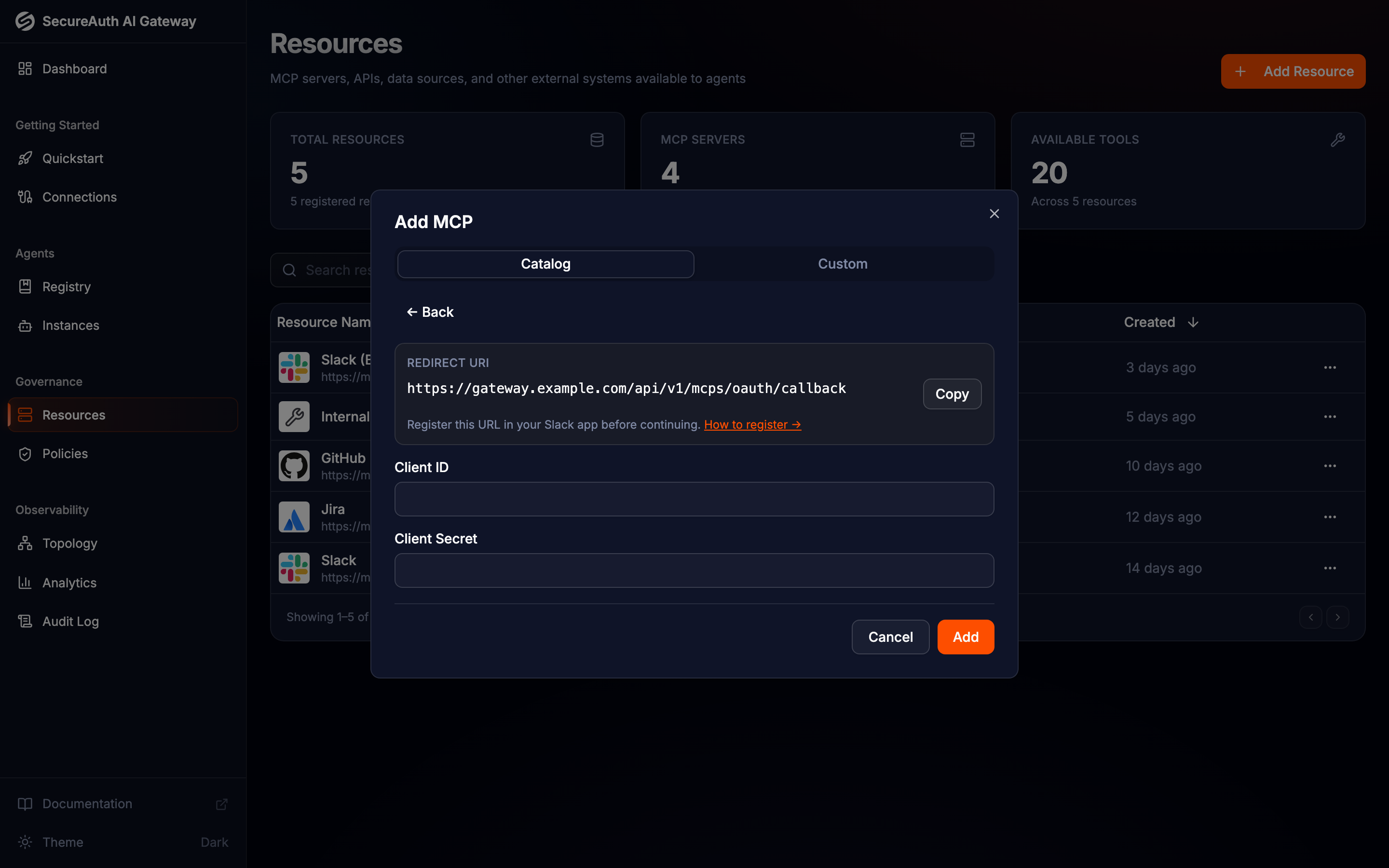Bring-your-own credentials form with redirect URI, client ID, and client secret fields