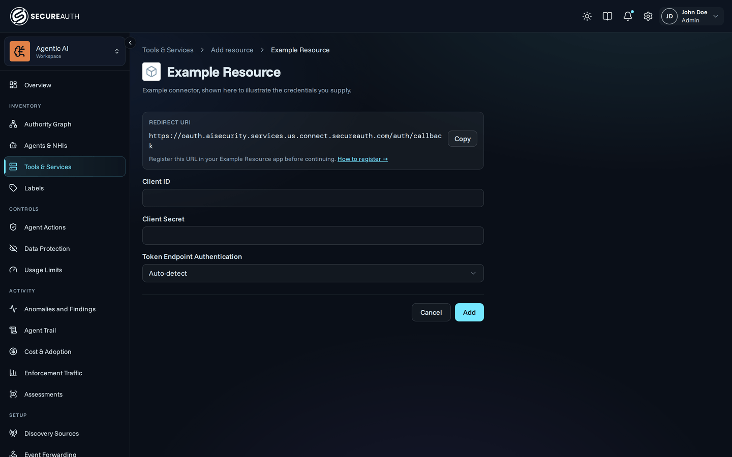 Credentials form in the Agent Authority console, showing Redirect URI with a Copy button, Client ID, Client Secret, and Token Endpoint Authentication
