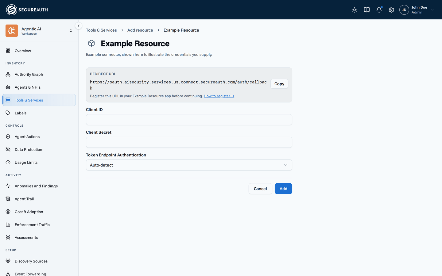 Credentials form in the Agent Authority console, showing Redirect URI with a Copy button, Client ID, Client Secret, and Token Endpoint Authentication