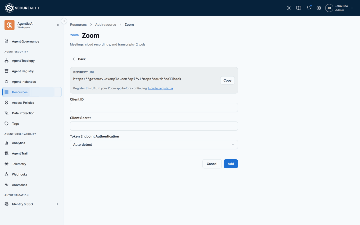 Bring-your-own credentials form with redirect URI, client ID, and client secret fields