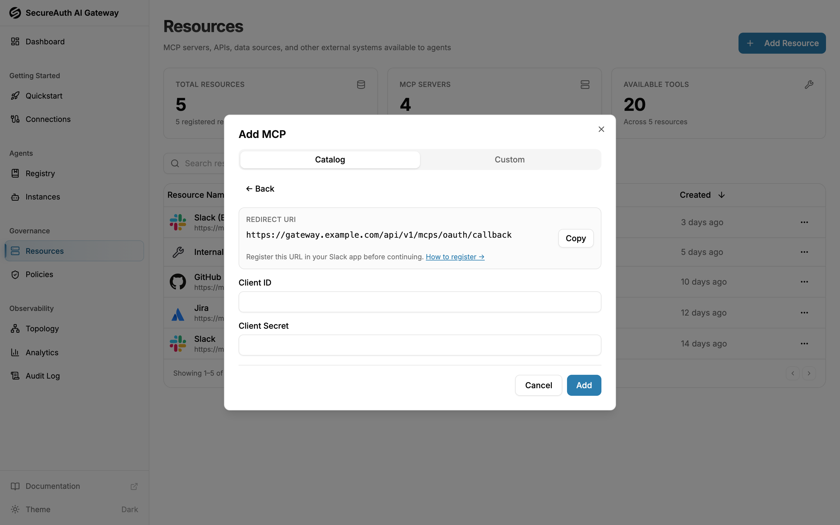 Bring-your-own credentials form with redirect URI, client ID, and client secret fields